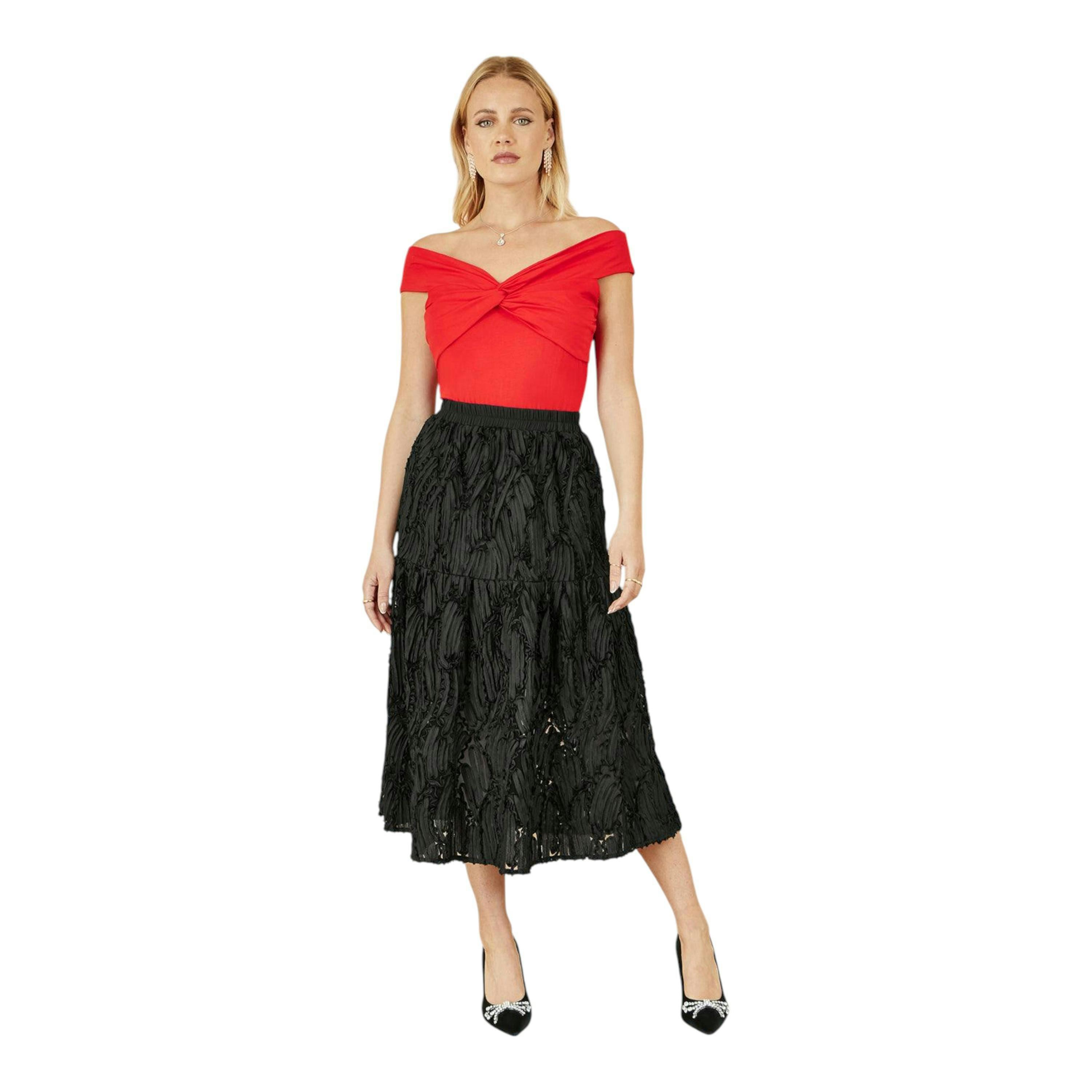 Yumi Black Mesh Applique Sequin Midi Skirt , view 1 of 4