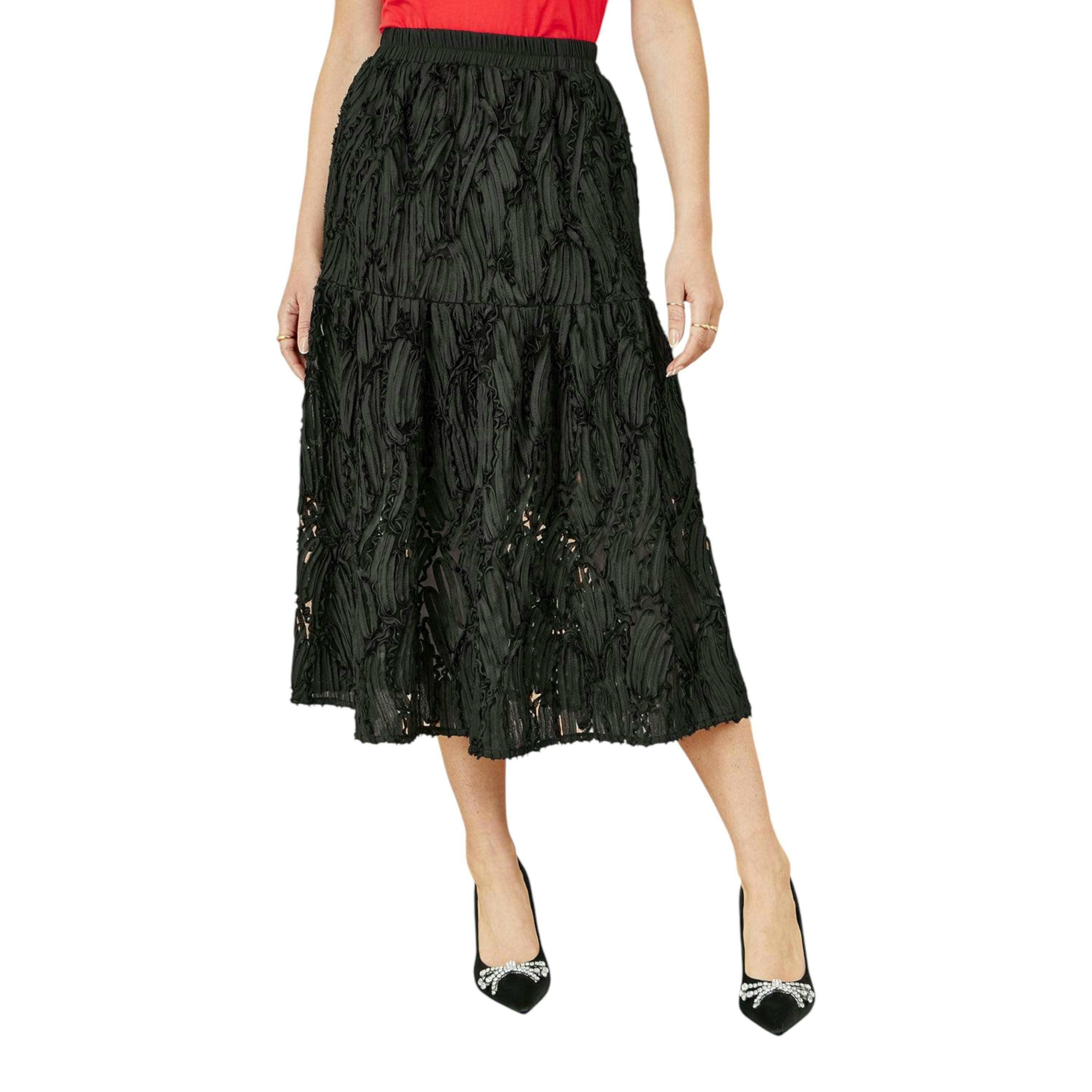 Yumi Black Mesh Applique Sequin Midi Skirt , view 2 of 4