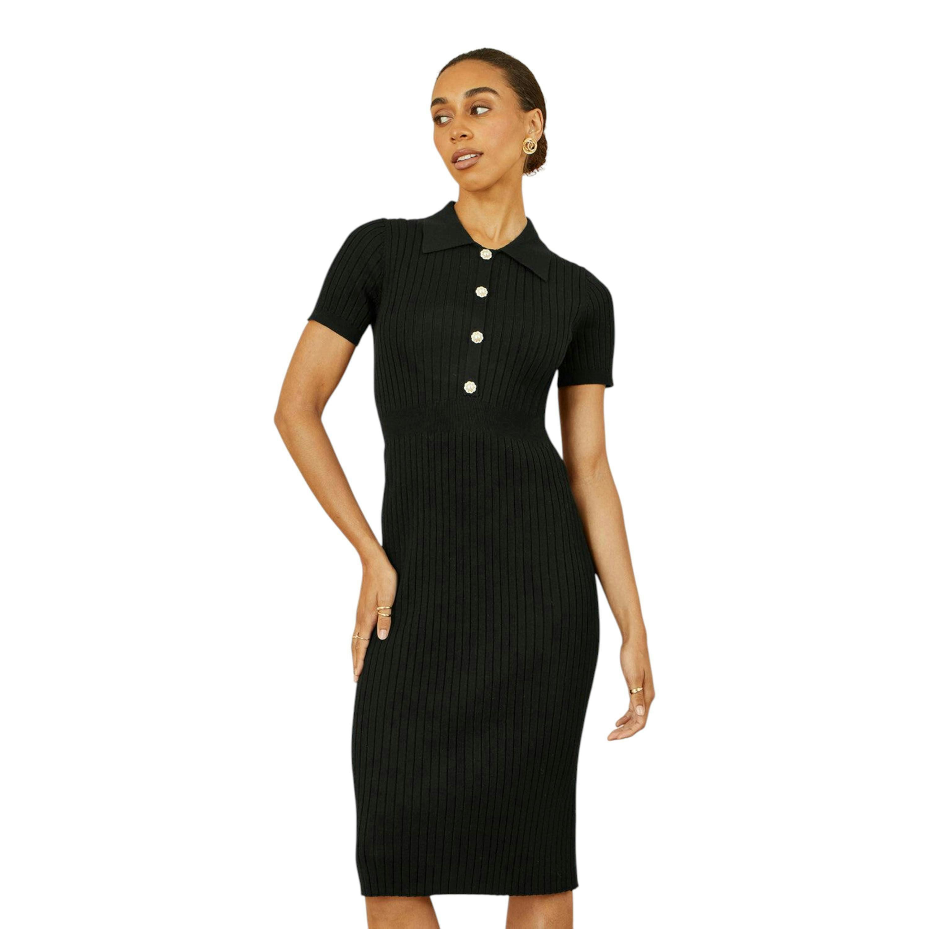 Yumi Black Fitted Rib Knitted Midi Dress With Daisy Buttons , view 1 of 5