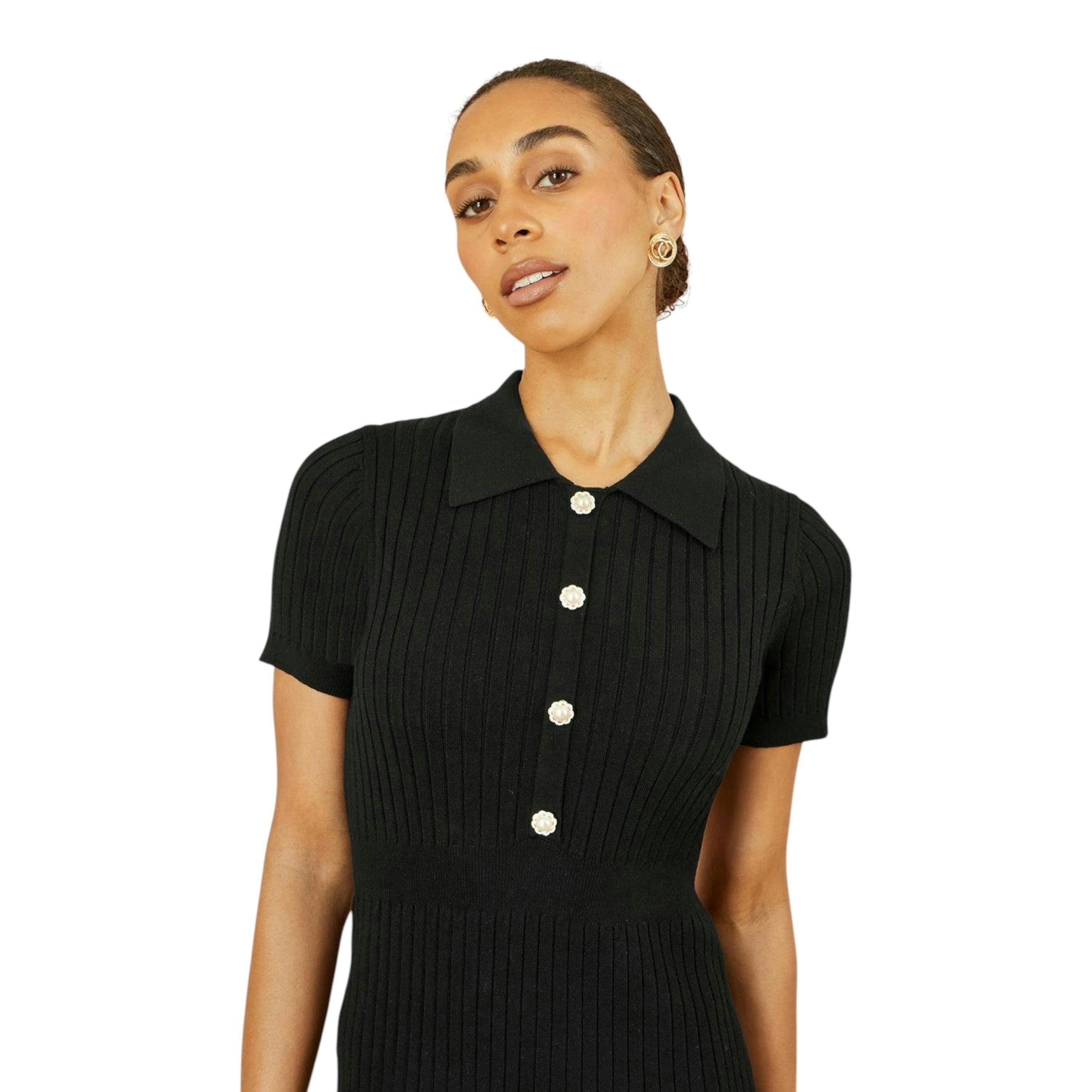 Yumi Black Fitted Rib Knitted Midi Dress With Daisy Buttons , view 2 of 5