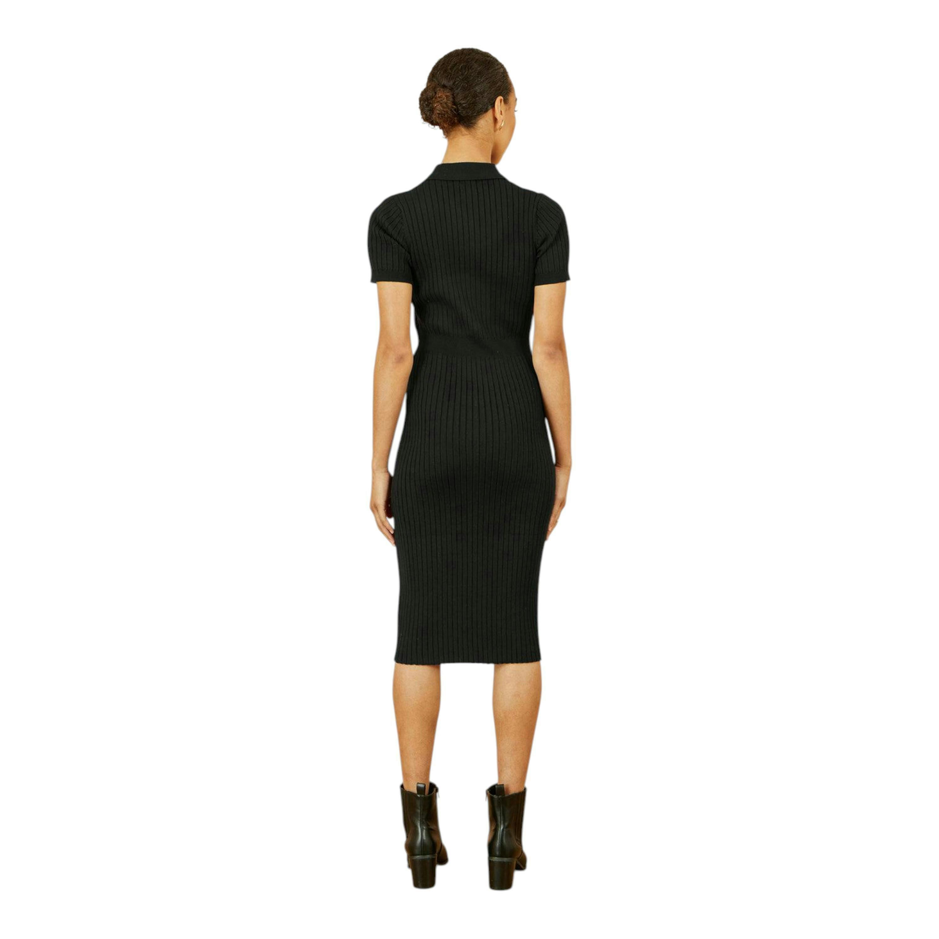 Yumi Black Fitted Rib Knitted Midi Dress With Daisy Buttons , view 4 of 5