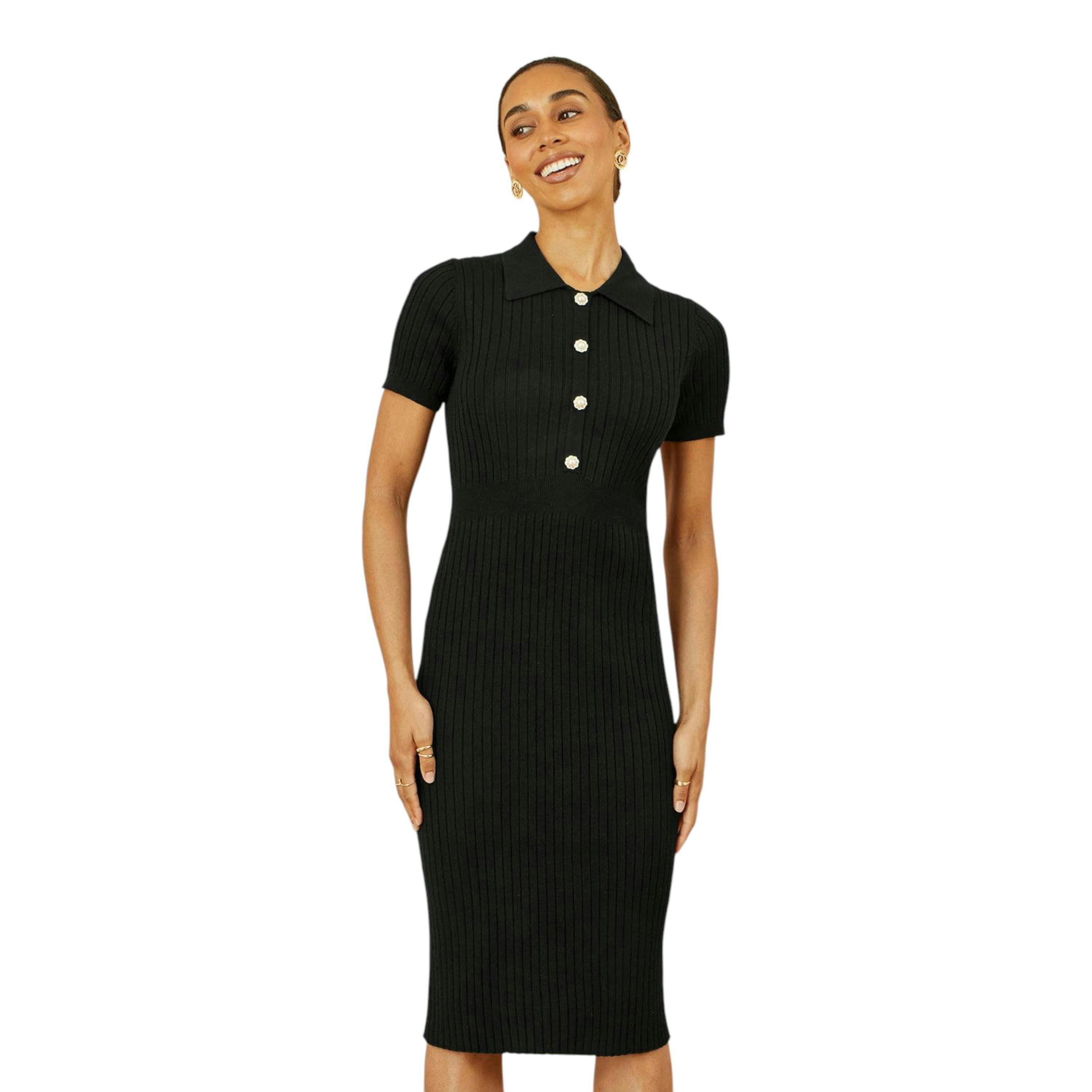 Yumi Black Fitted Rib Knitted Midi Dress With Daisy Buttons , view 5 of 5