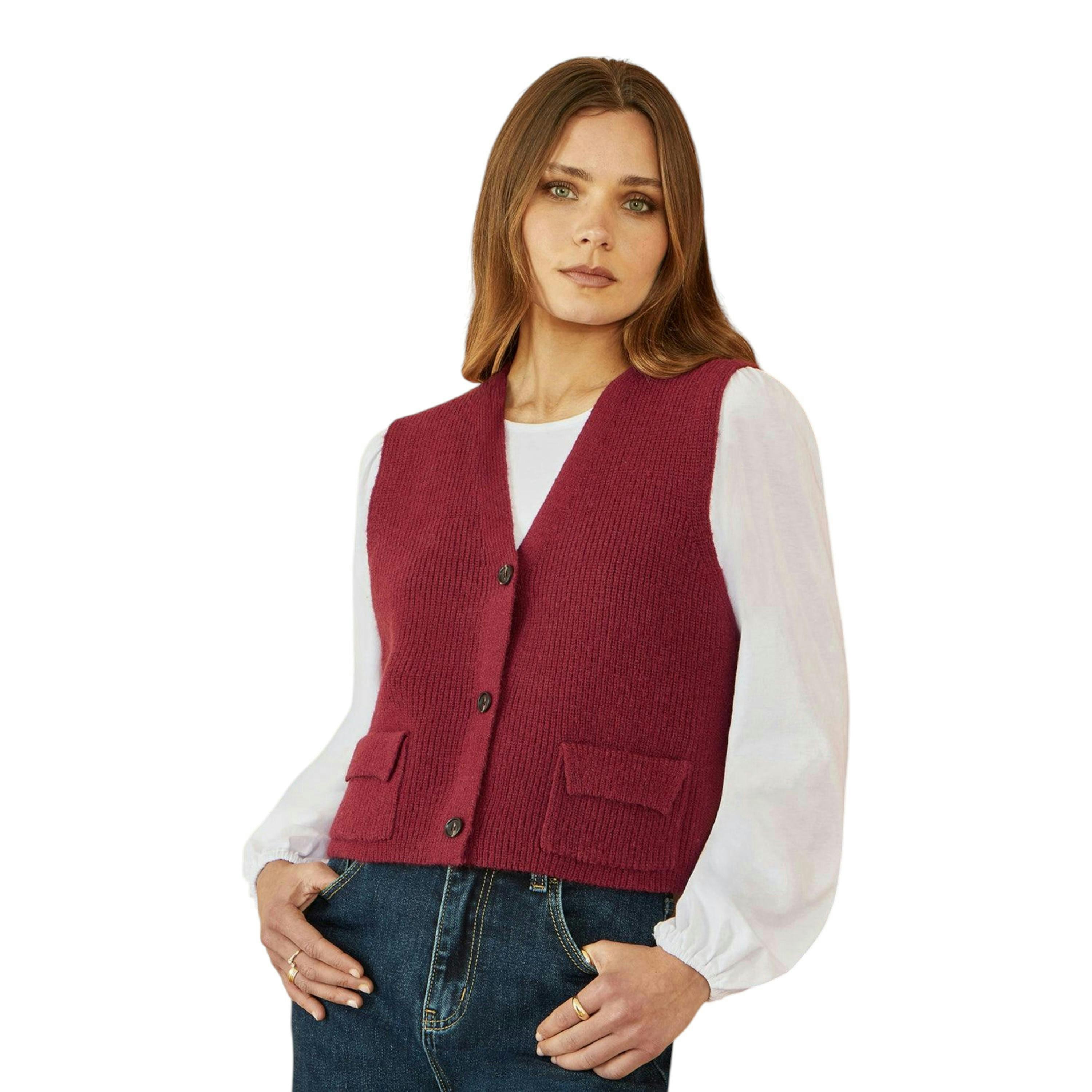 Yumi Burgundy Knitted Pullover Waistcoat , view 1 of 5