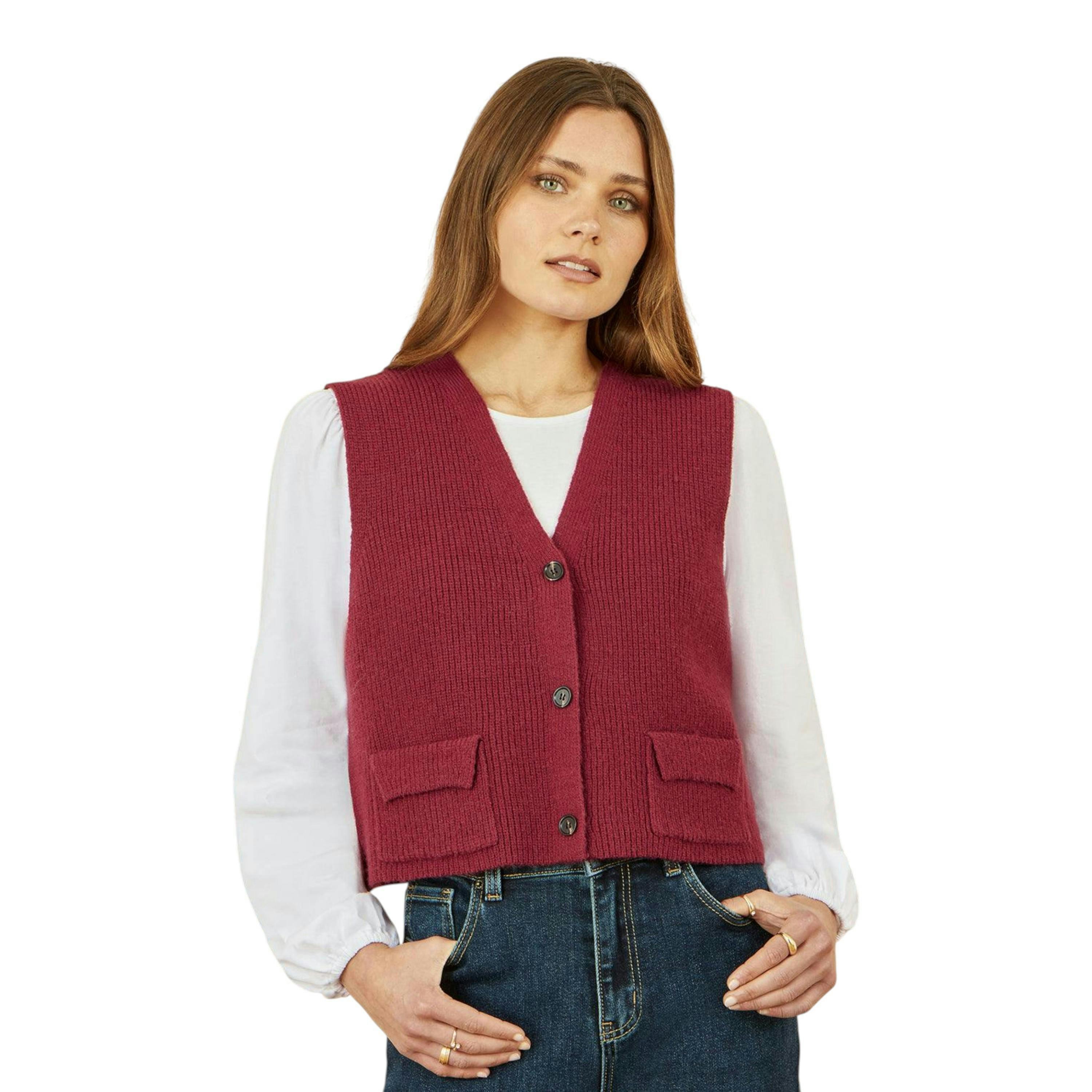 Yumi Burgundy Knitted Pullover Waistcoat , view 2 of 5