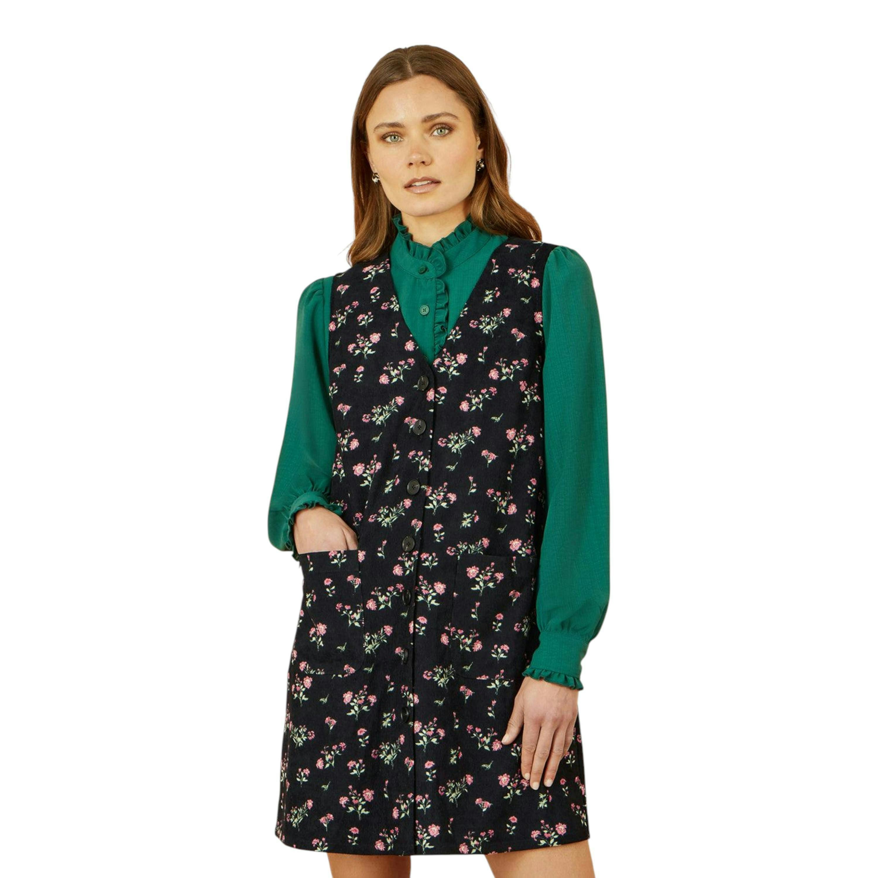 Yumi Black Floral Print Pinafore Dress With Button Up , view 1 of 6