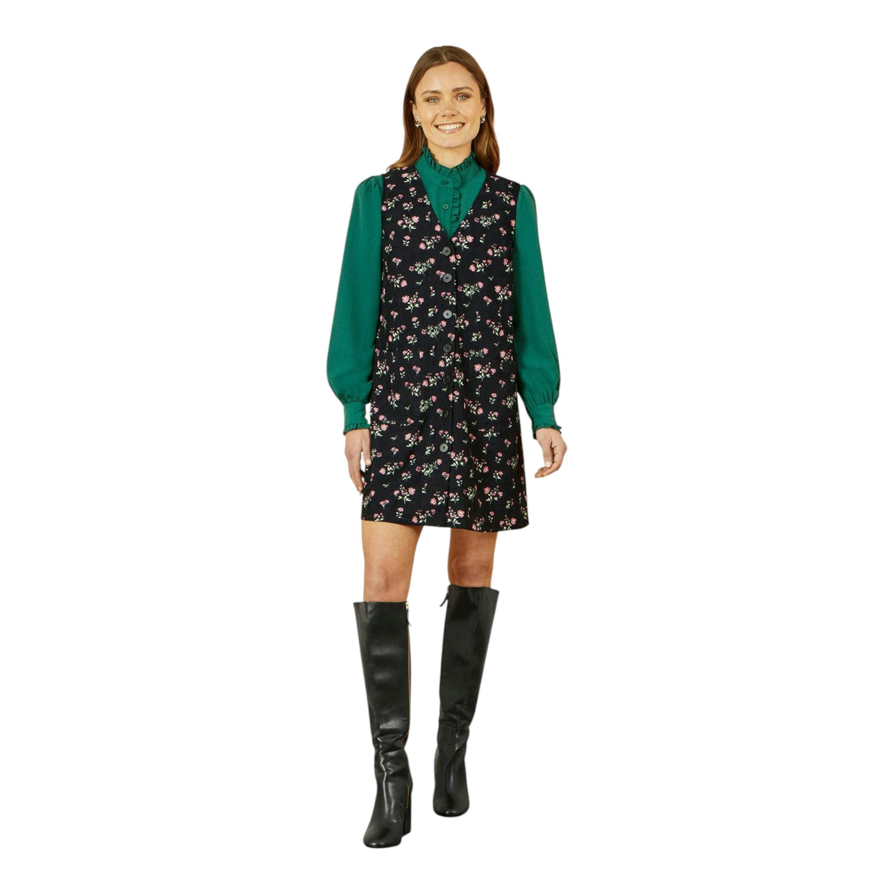 Yumi Black Floral Print Pinafore Dress With Button Up , view 3 of 6