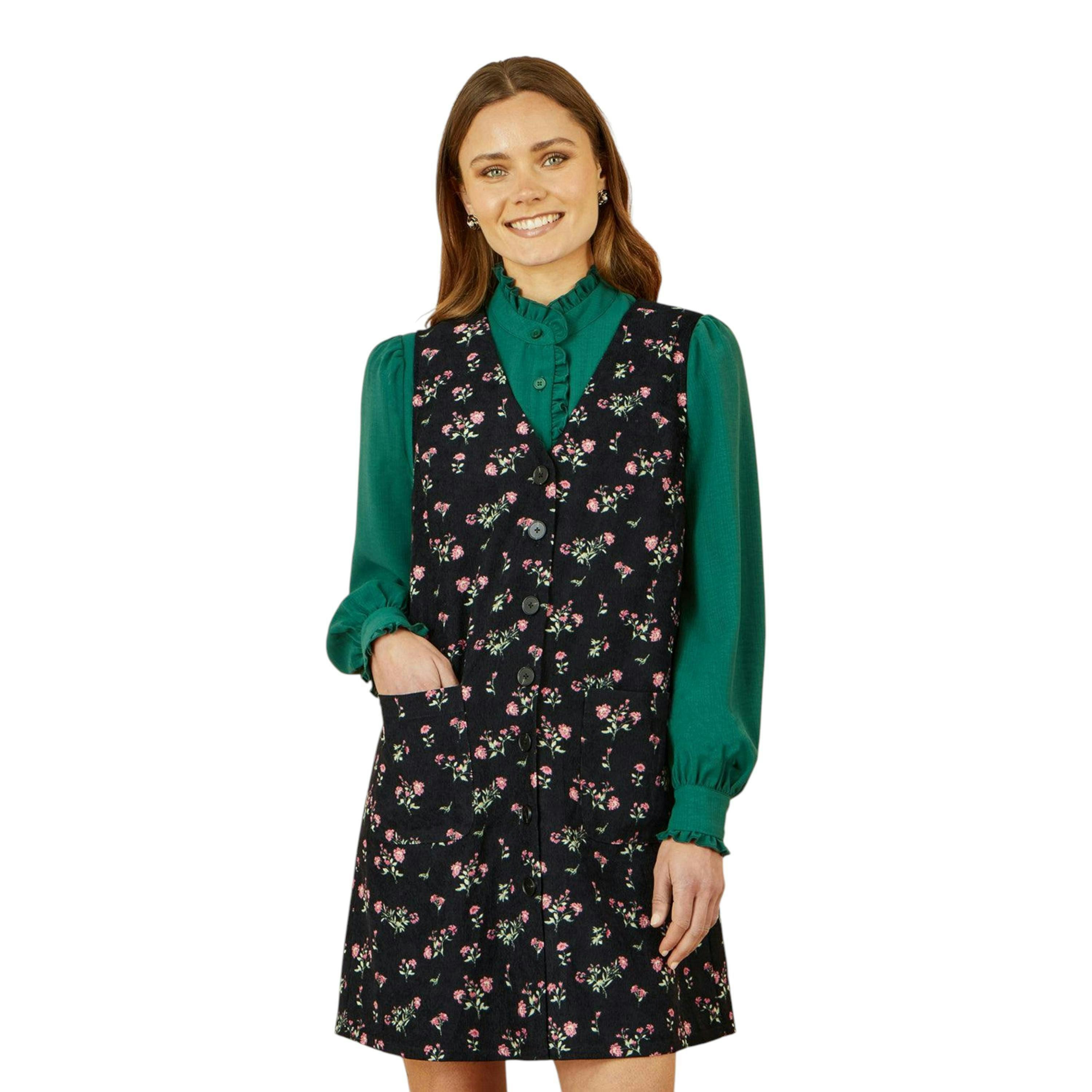 Yumi Black Floral Print Pinafore Dress With Button Up , view 4 of 6