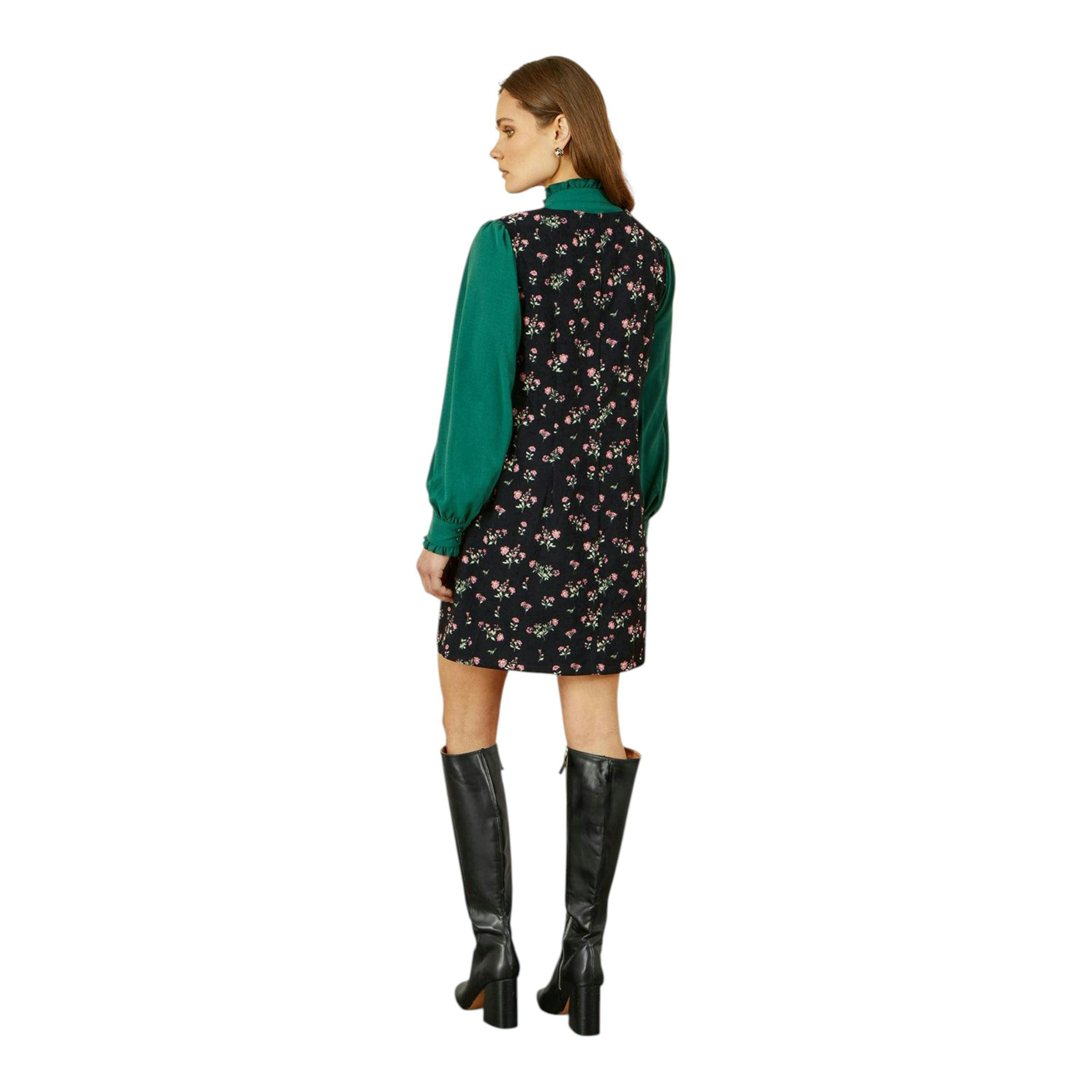 Yumi Black Floral Print Pinafore Dress With Button Up , view 5 of 6