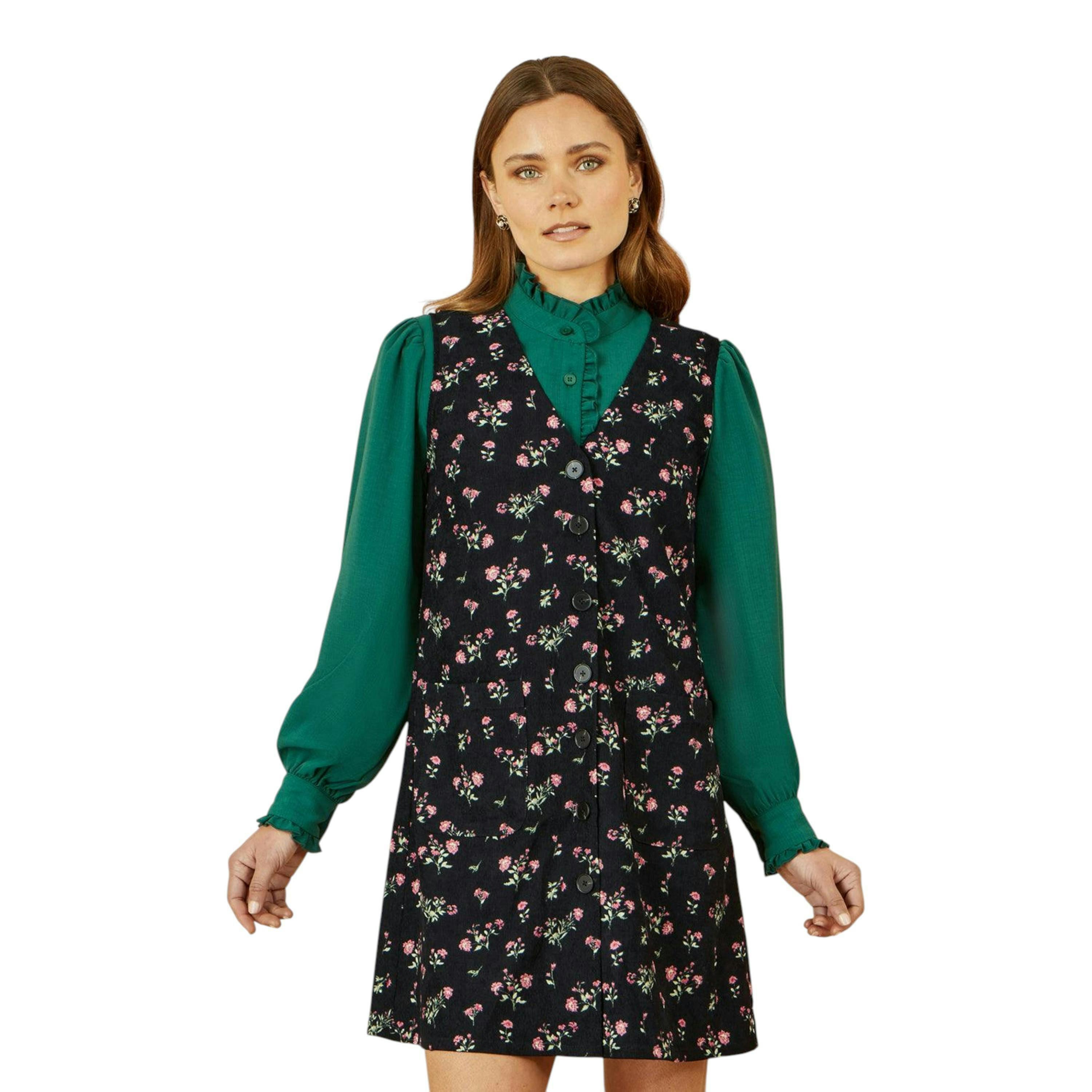 Yumi Black Floral Print Pinafore Dress With Button Up , view 6 of 6