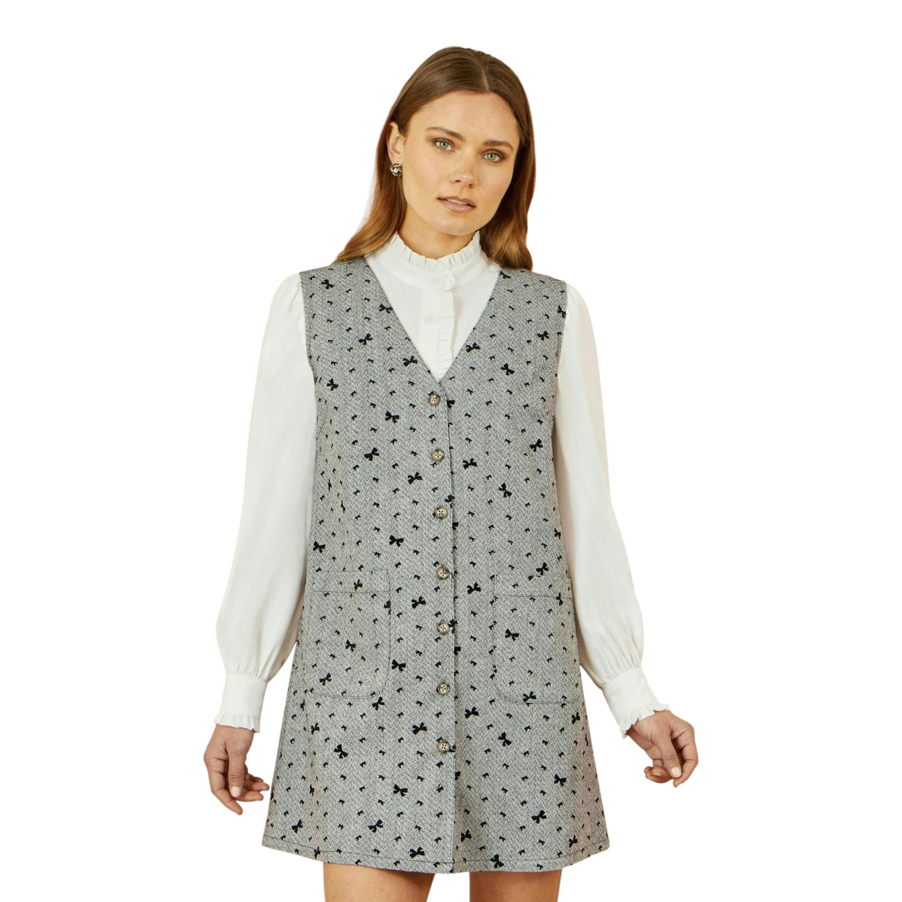 Yumi Grey Bow Print Pinafore Dress With Button Up , view 1 of 5