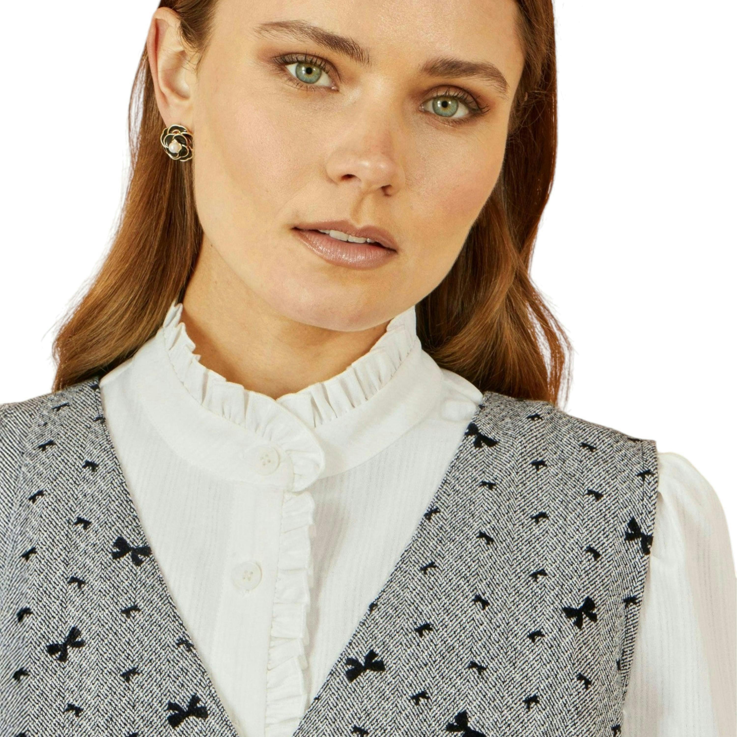 Yumi Grey Bow Print Pinafore Dress With Button Up , view 2 of 5