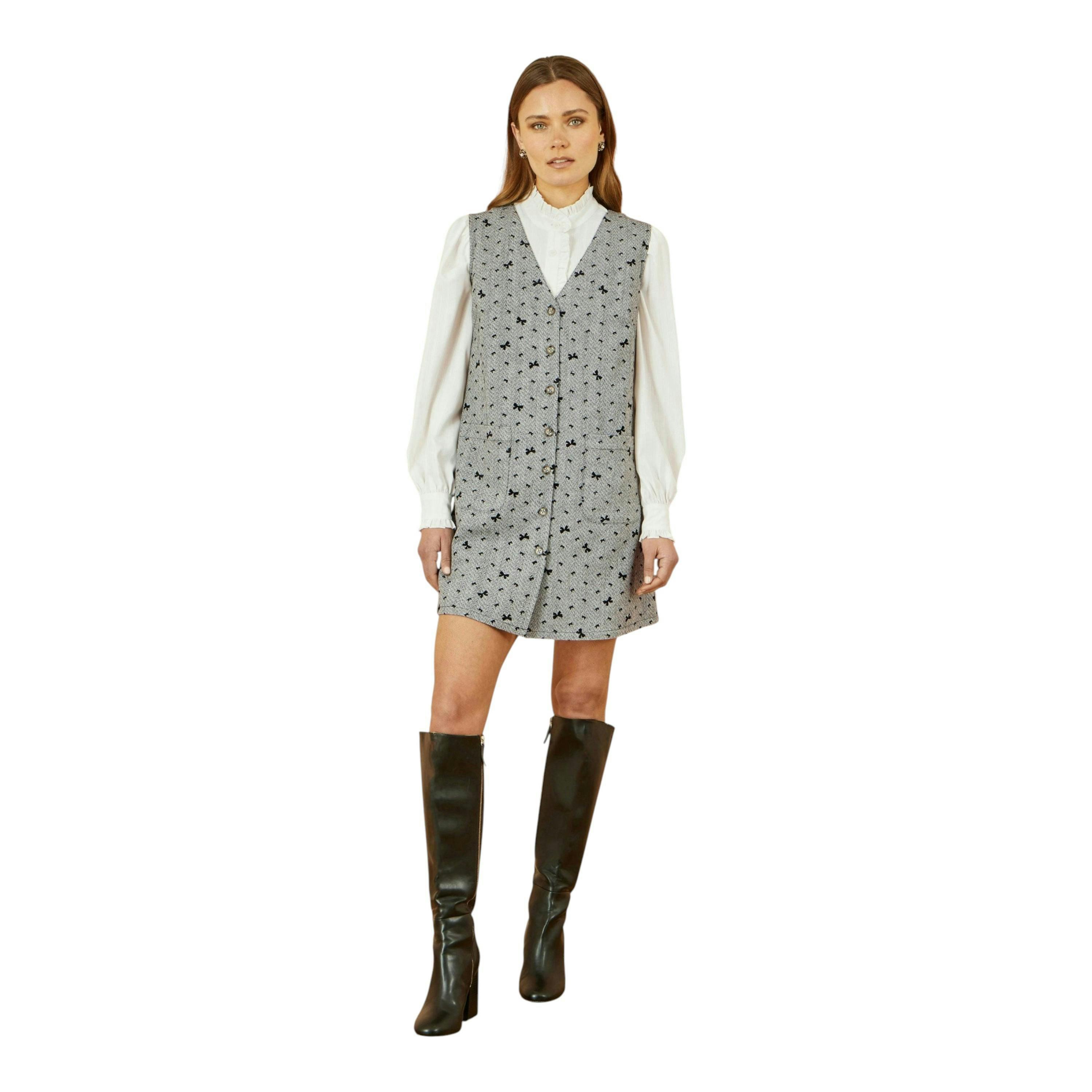 Yumi Grey Bow Print Pinafore Dress With Button Up , view 3 of 5