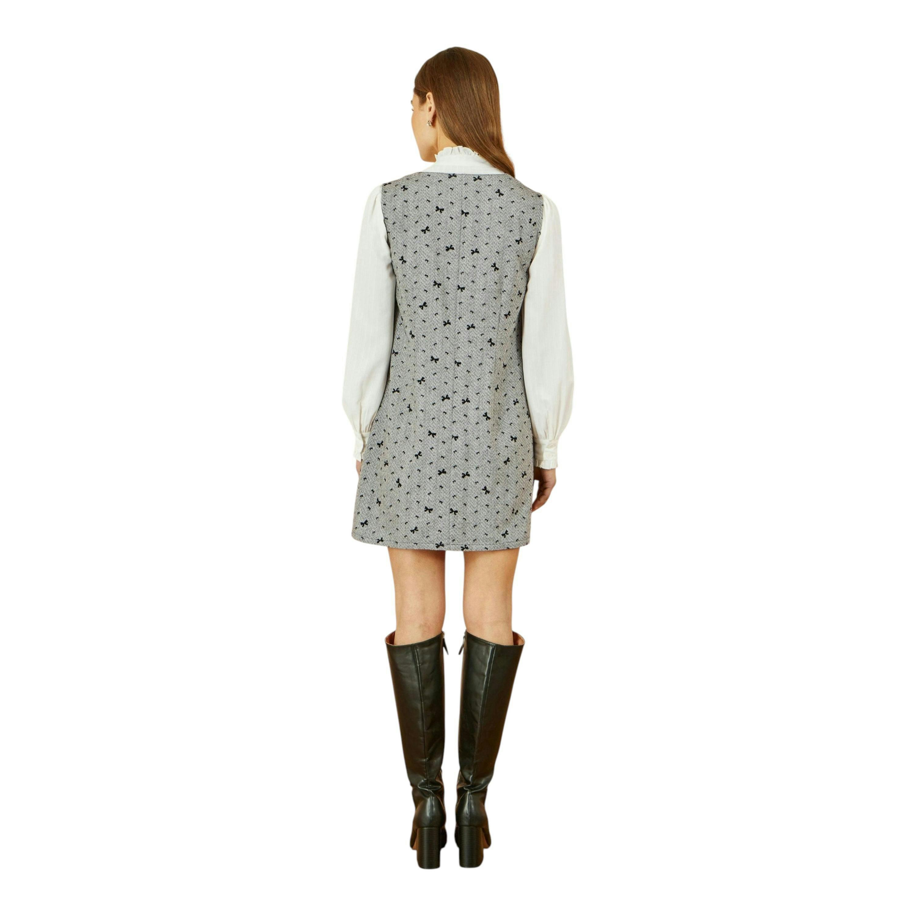 Yumi Grey Bow Print Pinafore Dress With Button Up , view 4 of 5