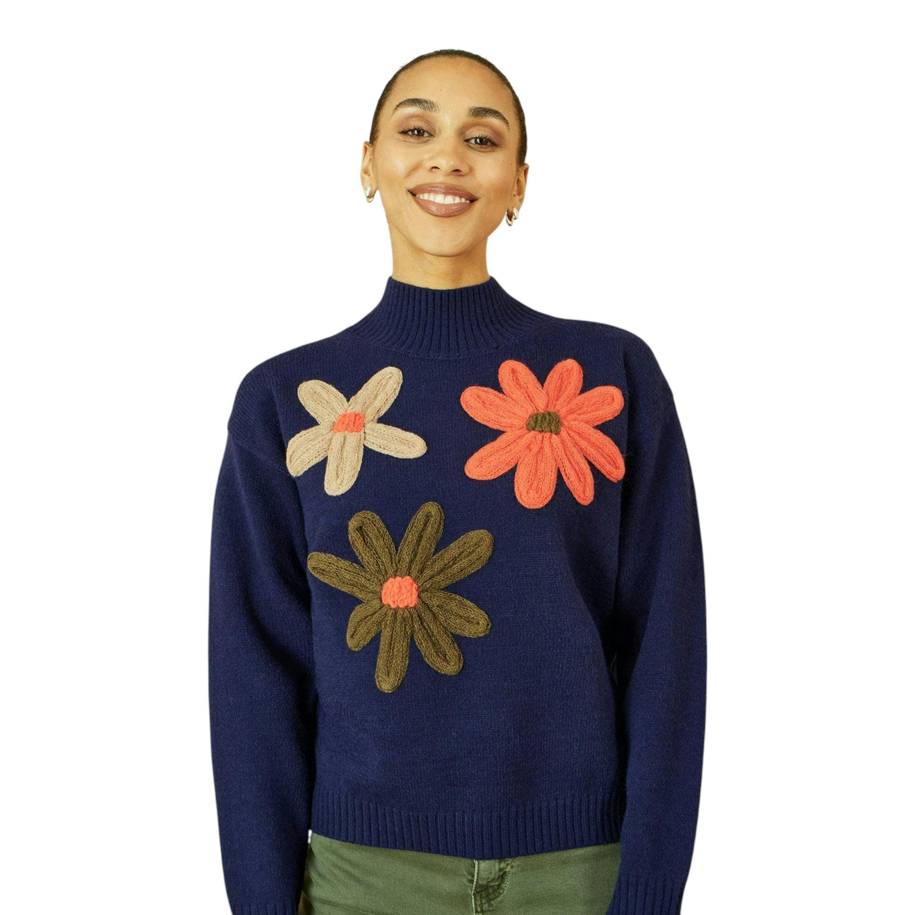 Yumi Navy Knitted High Neck Jumper With Applique Flowers , view 1 of 5