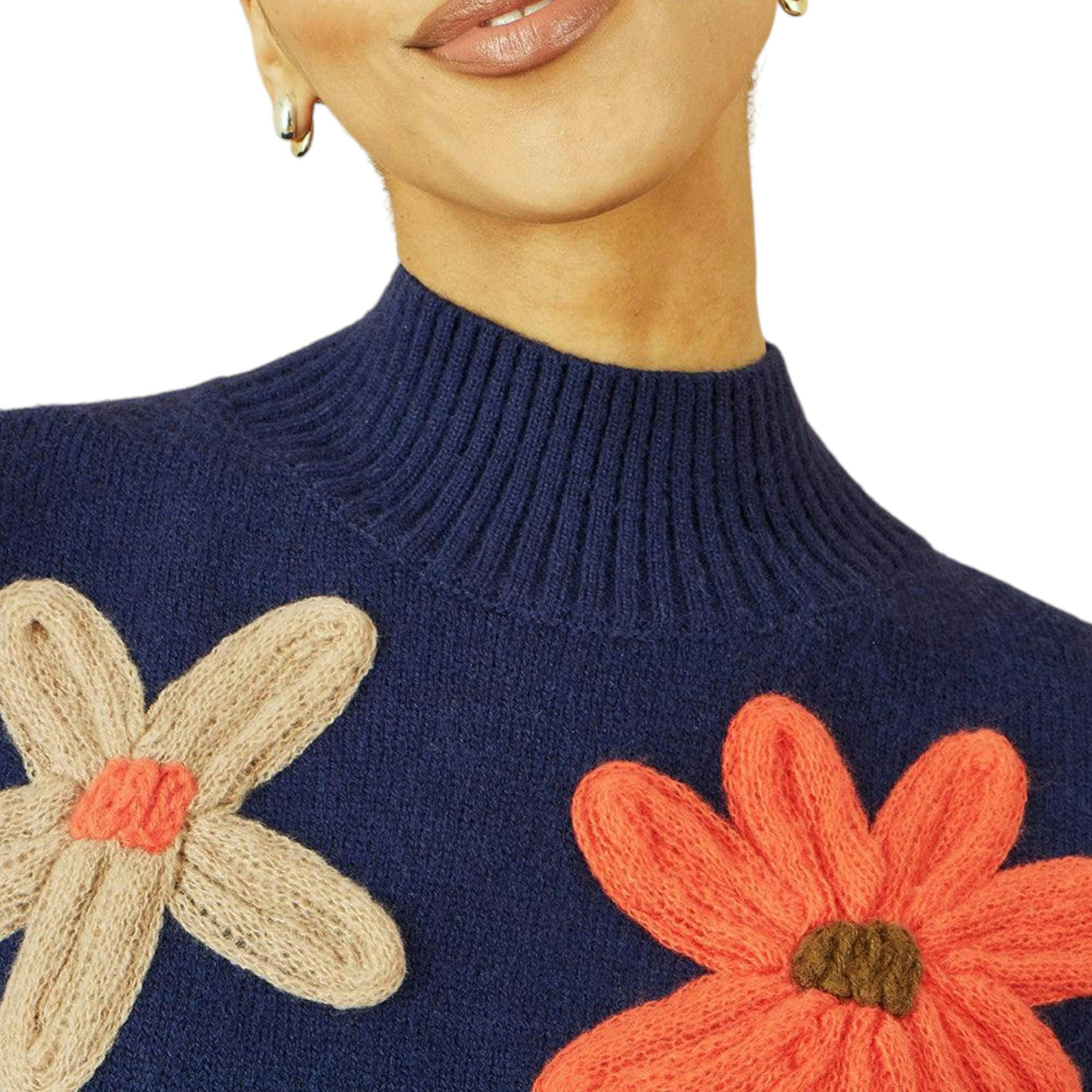 Yumi Navy Knitted High Neck Jumper With Applique Flowers , view 2 of 5