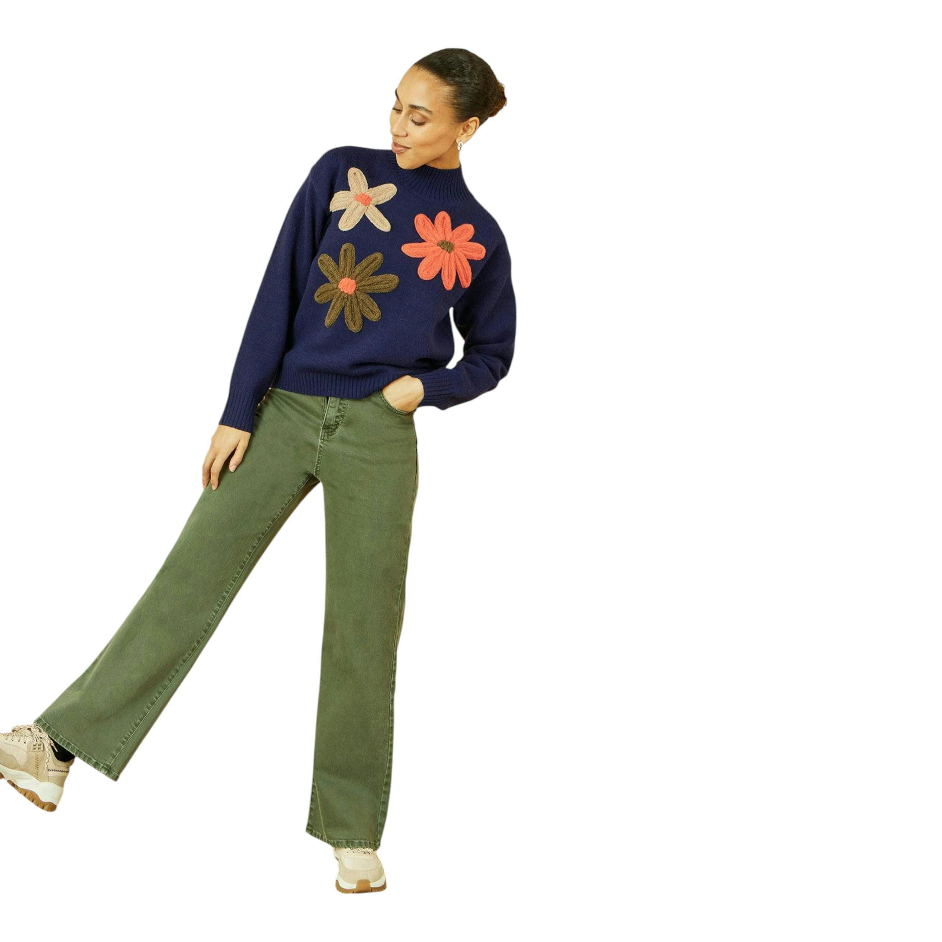 Yumi Navy Knitted High Neck Jumper With Applique Flowers , view 3 of 5