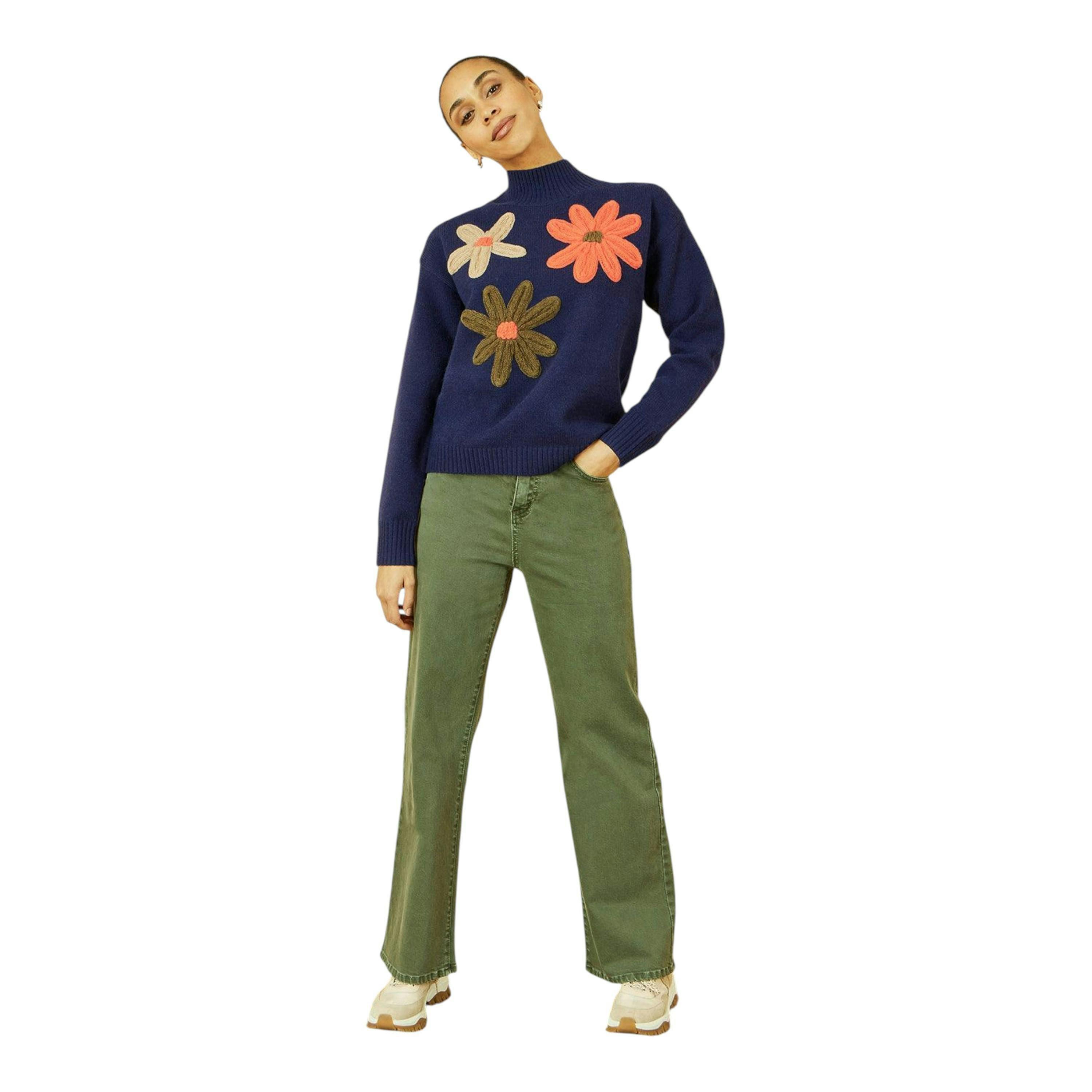 Yumi Navy Knitted High Neck Jumper With Applique Flowers , view 4 of 5