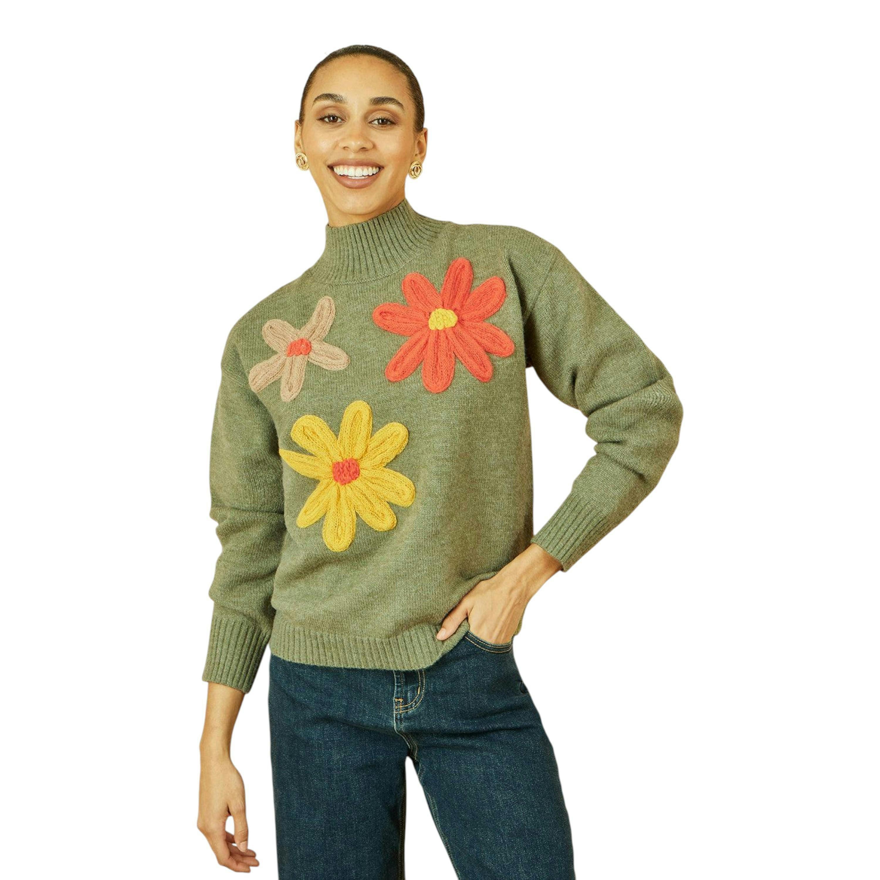 Yumi Green Knitted High Neck Jumper With Applique Flowers , view 1 of 5