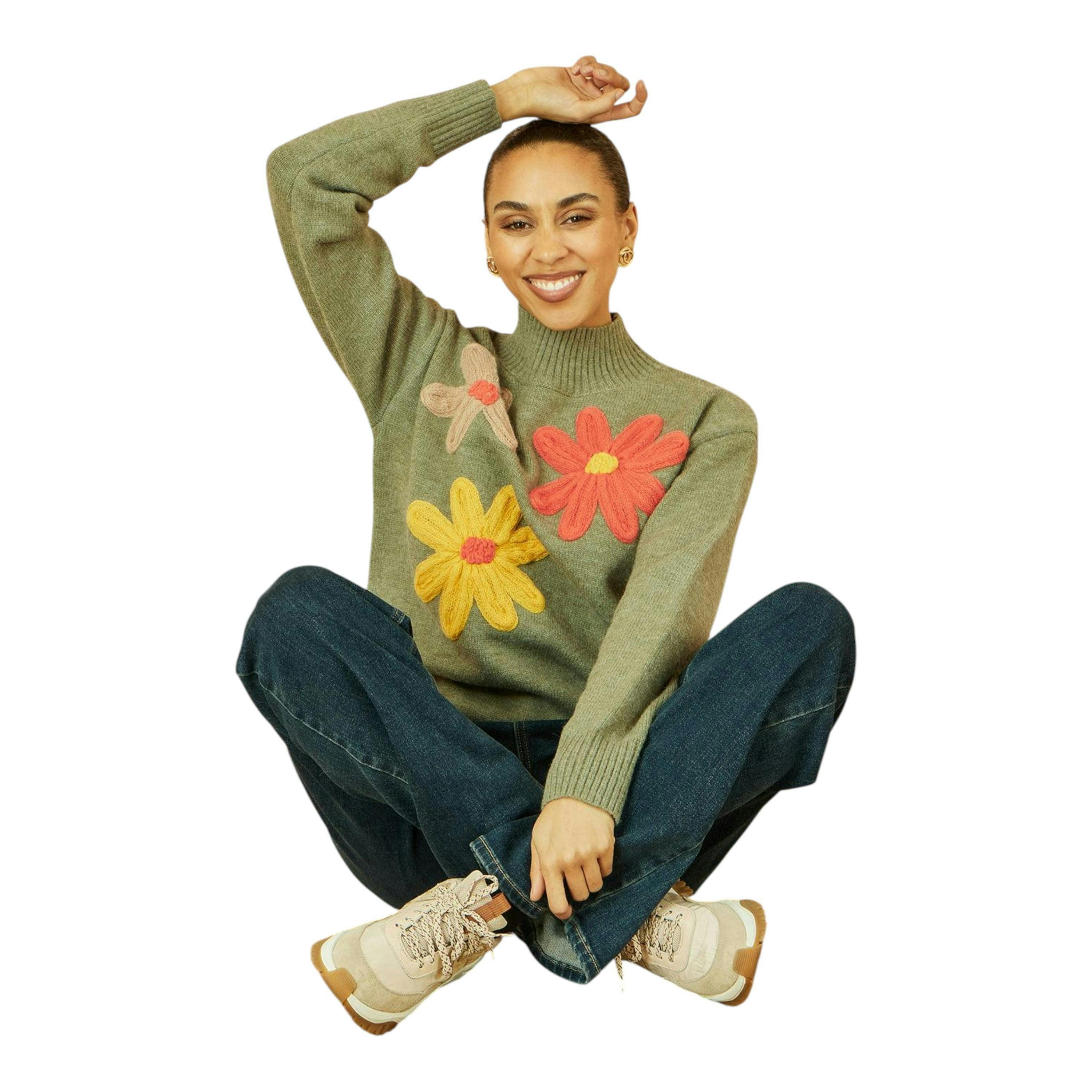 Yumi Green Knitted High Neck Jumper With Applique Flowers , view 2 of 5