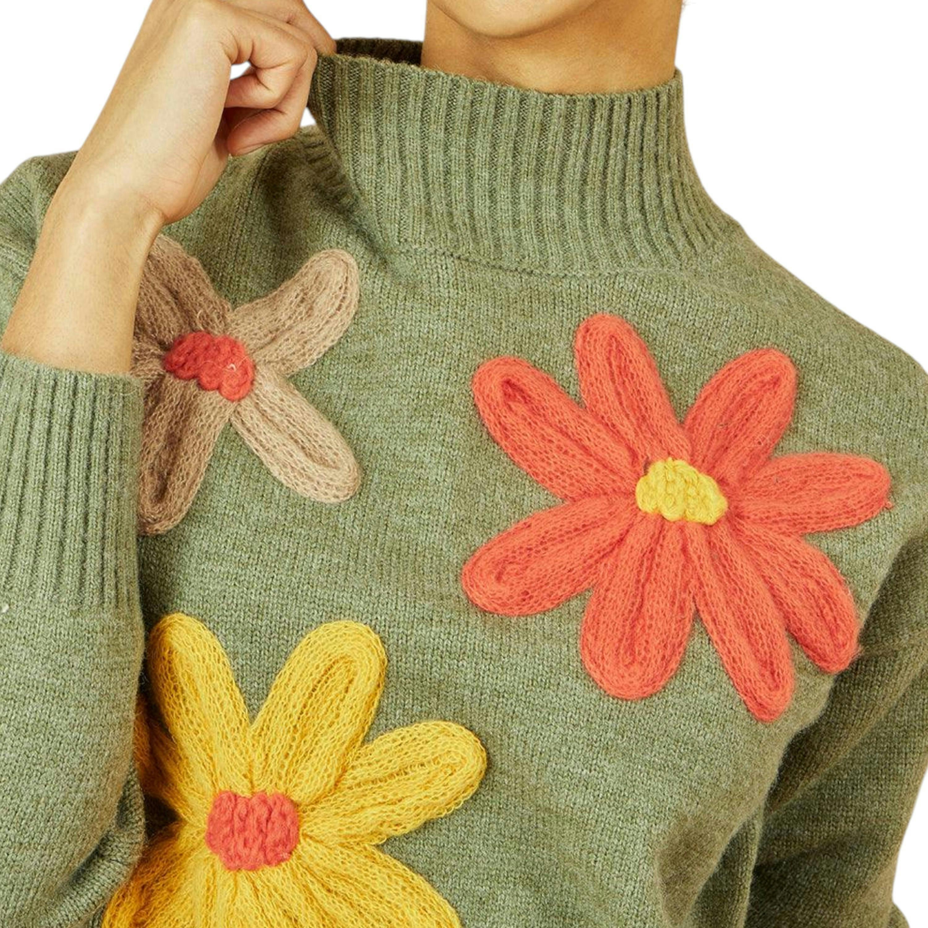 Yumi Green Knitted High Neck Jumper With Applique Flowers , view 3 of 5