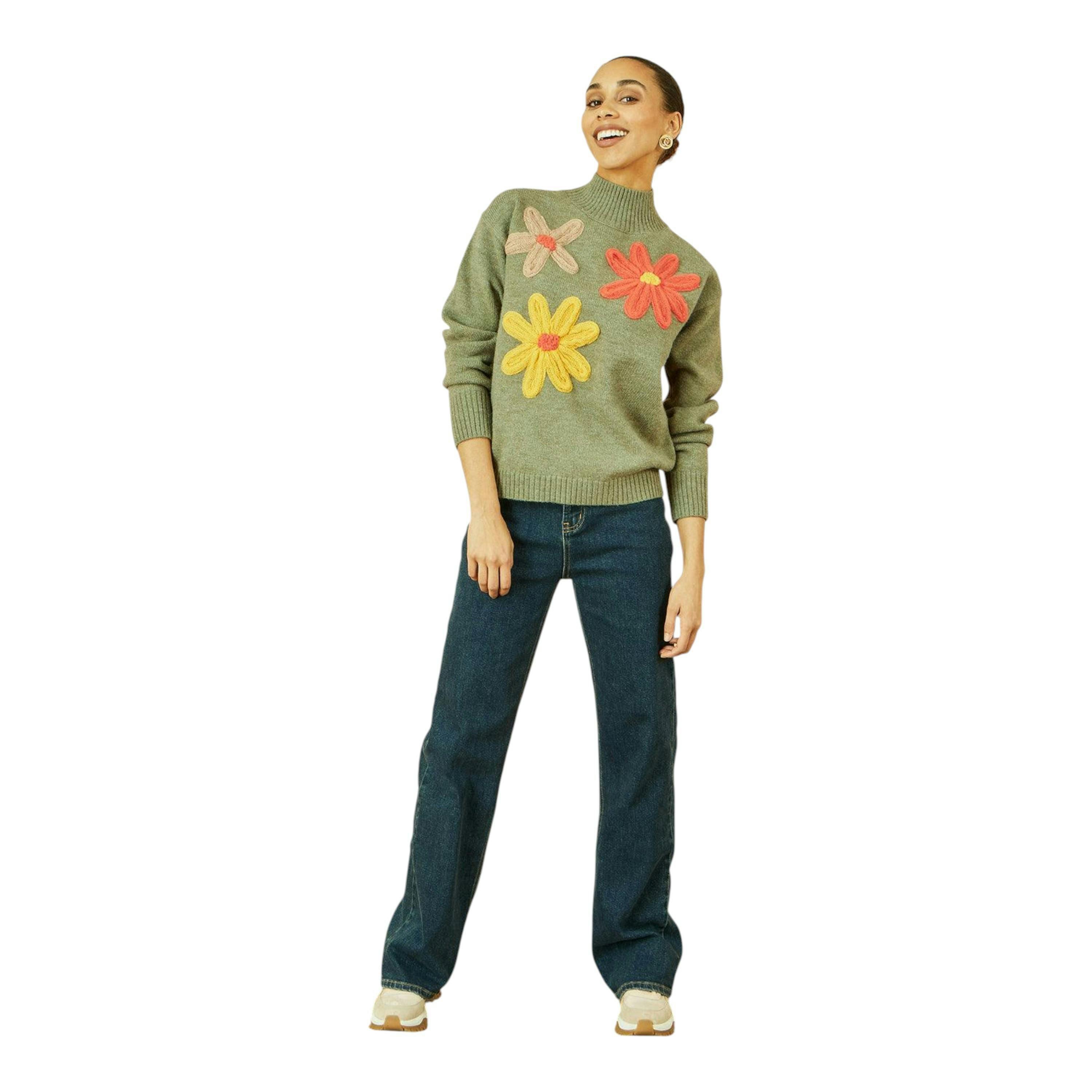 Yumi Green Knitted High Neck Jumper With Applique Flowers , view 4 of 5