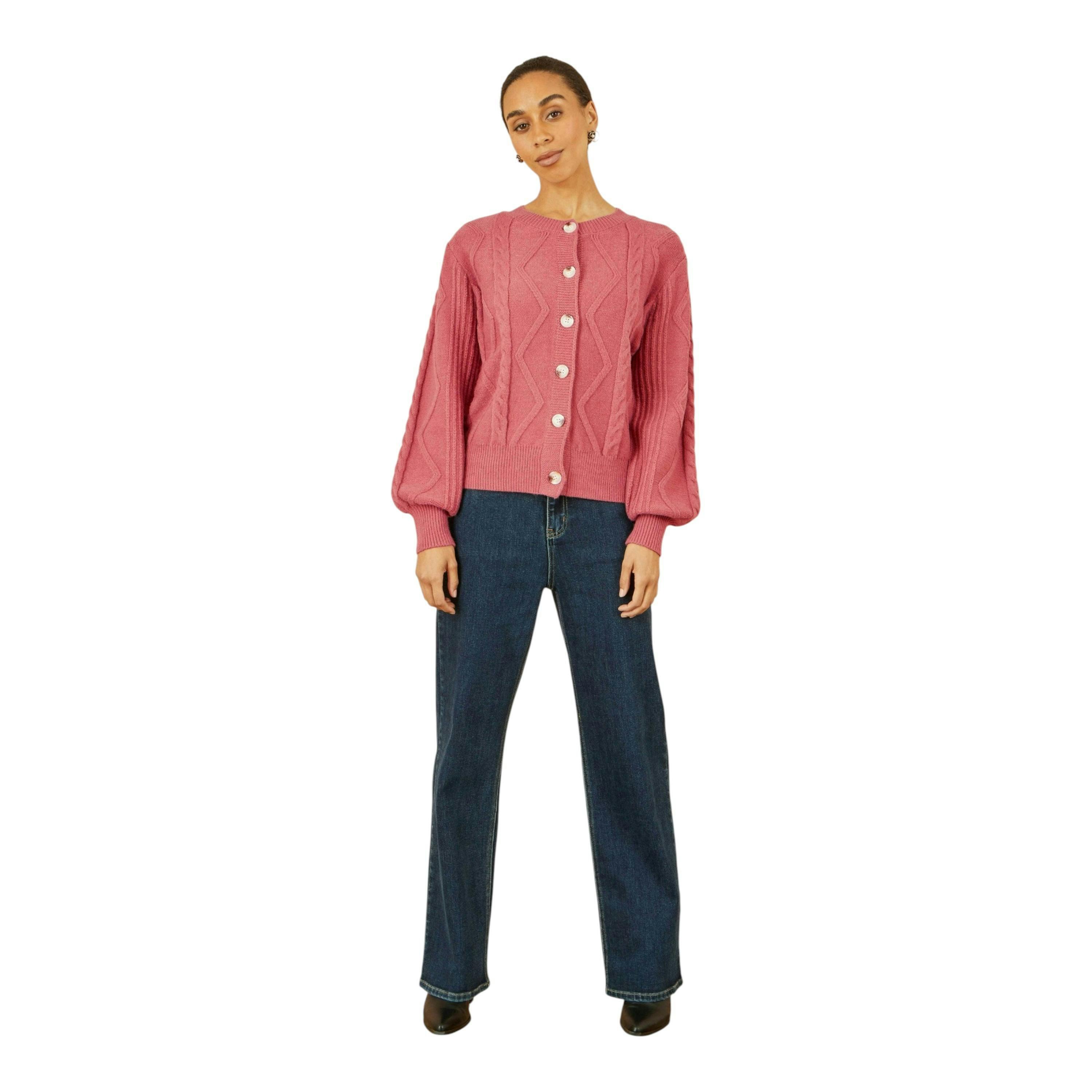 Yumi Pink Relaxed Fit Cable Cardigan , view 3 of 4