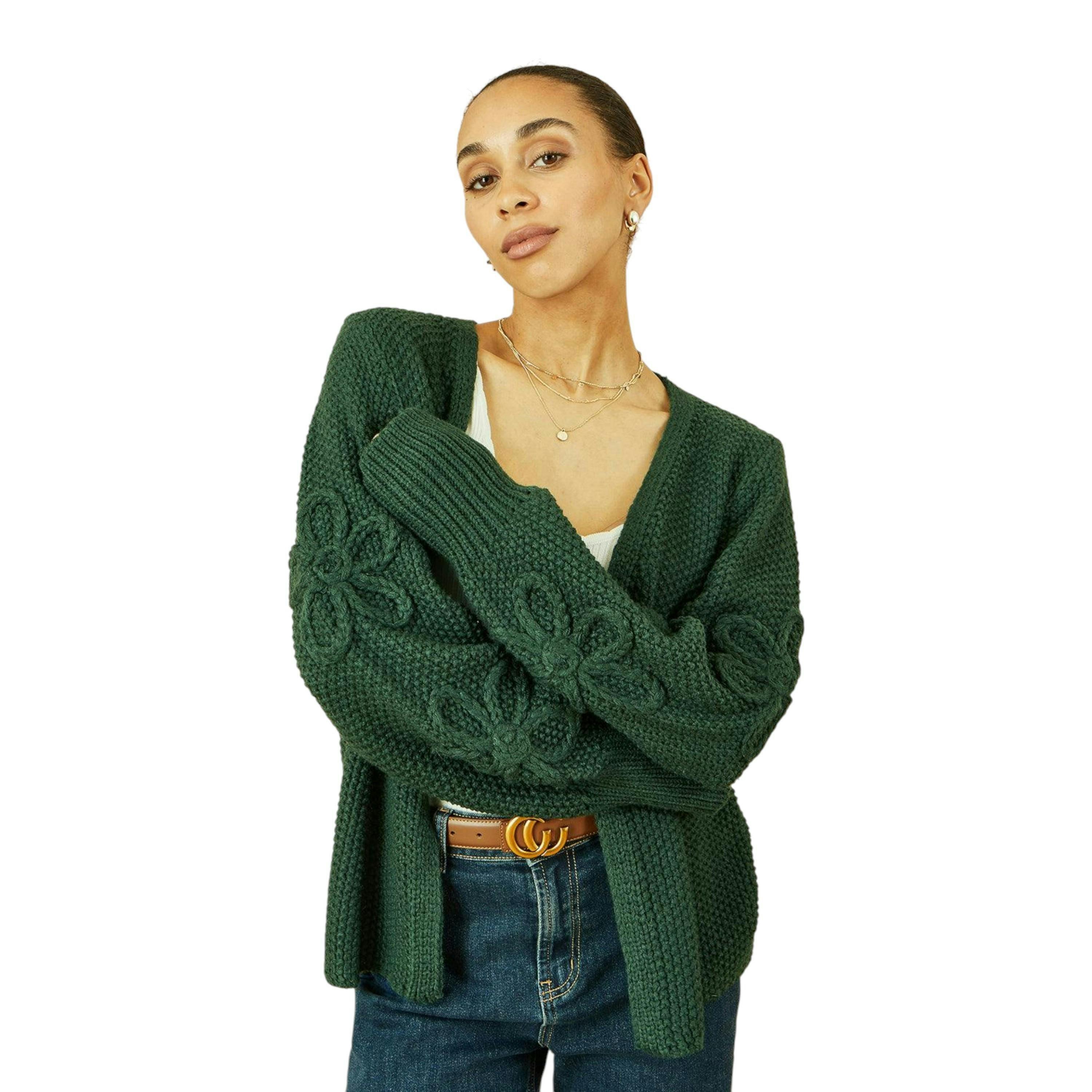 Yumi Green Edge to Edge Cardigan With Flower Detail Sleeves , view 1 of 5