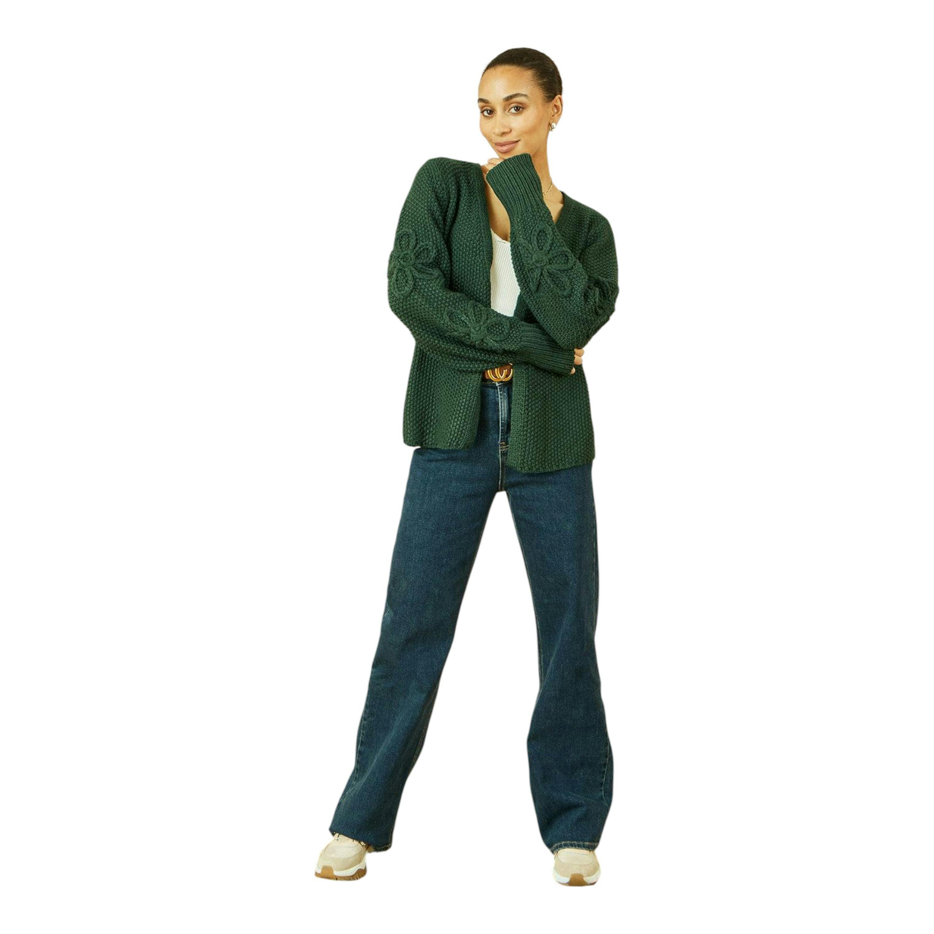 Yumi Green Edge to Edge Cardigan With Flower Detail Sleeves , view 2 of 5