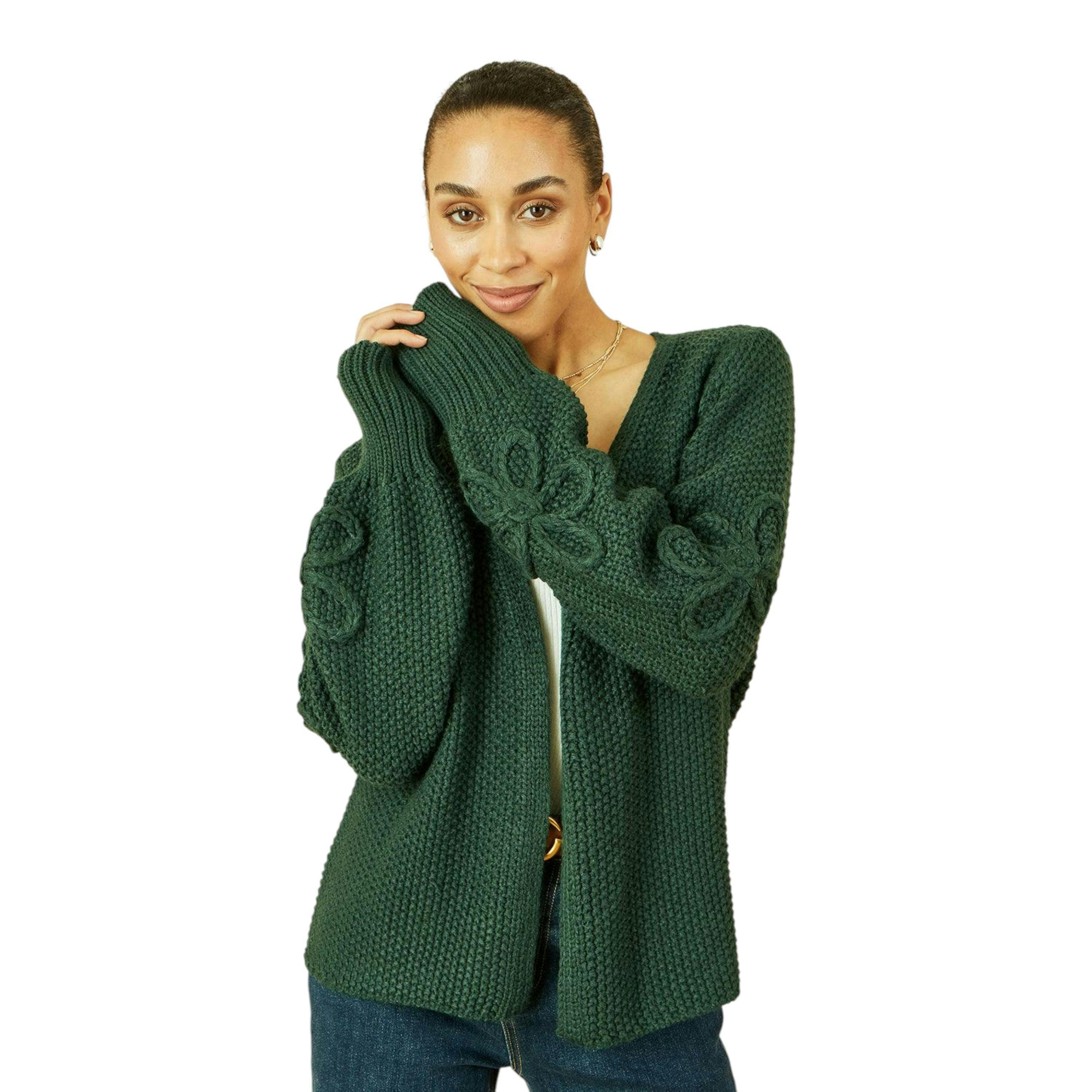 Yumi Green Edge to Edge Cardigan With Flower Detail Sleeves , view 3 of 5