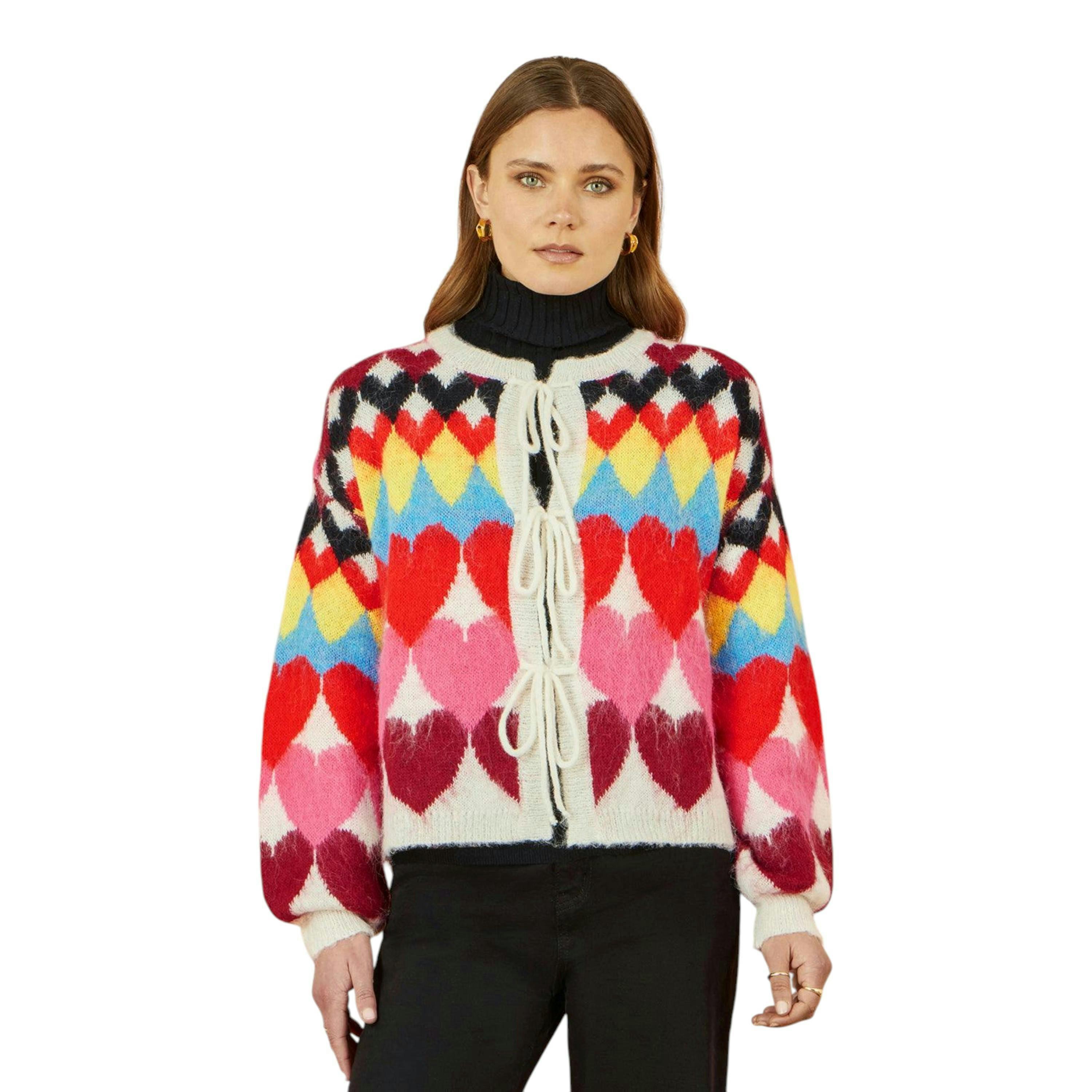 Yumi Multicolour Tie Front Heart Intarsia Cardigan , view 1 of 5
