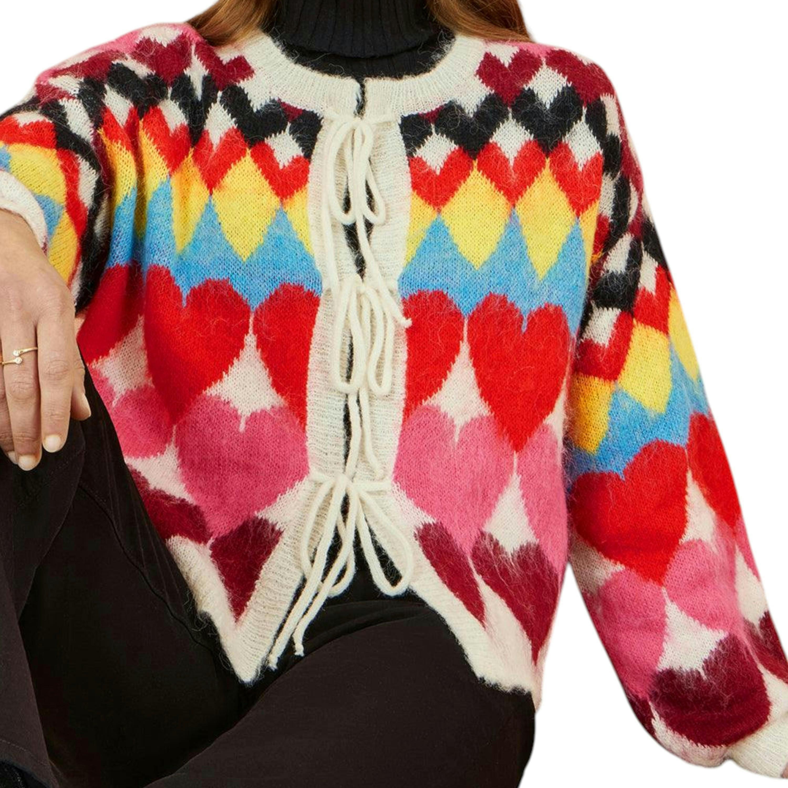 Yumi Multicolour Tie Front Heart Intarsia Cardigan , view 2 of 5