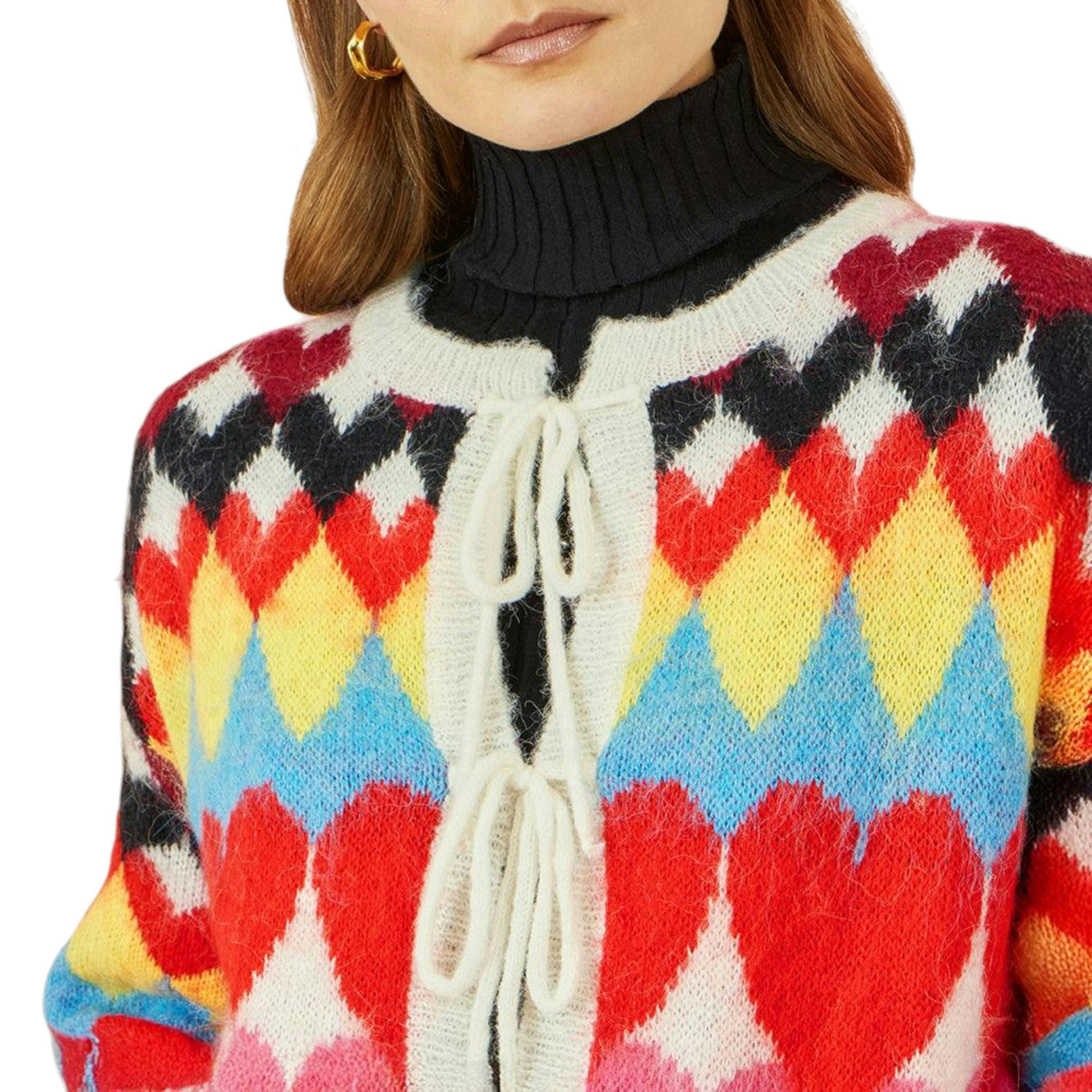 Yumi Multicolour Tie Front Heart Intarsia Cardigan , view 3 of 5