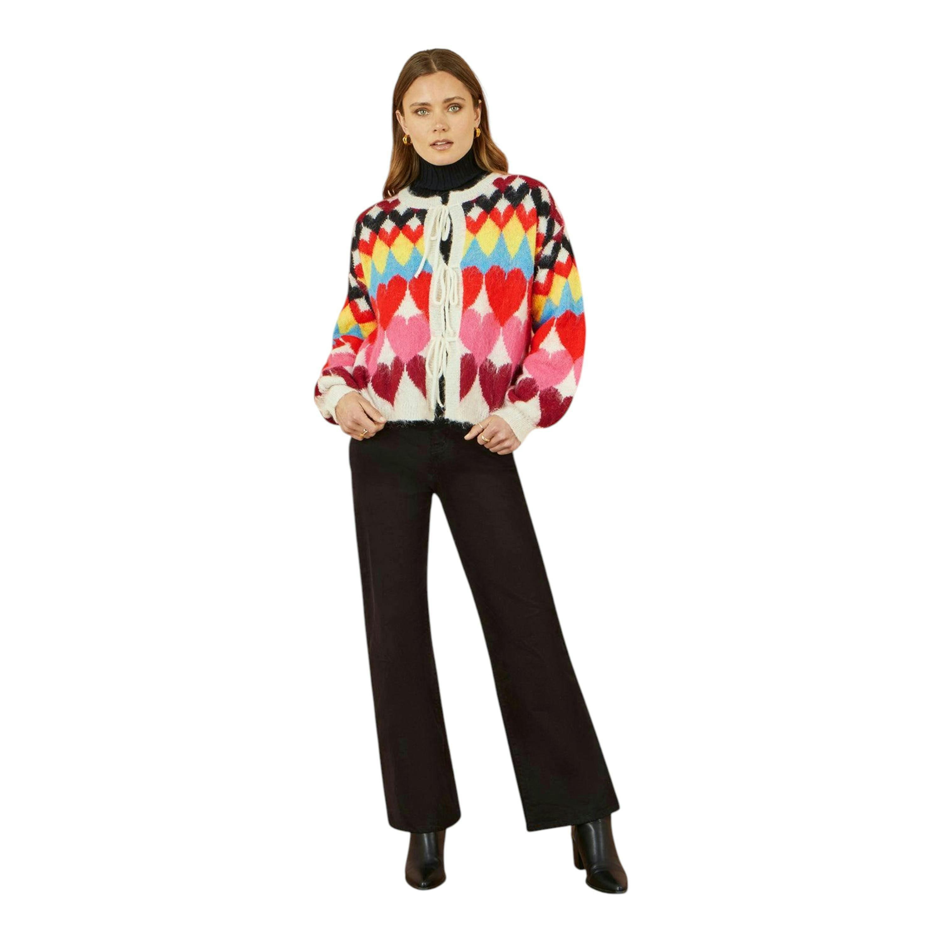 Yumi Multicolour Tie Front Heart Intarsia Cardigan , view 4 of 5