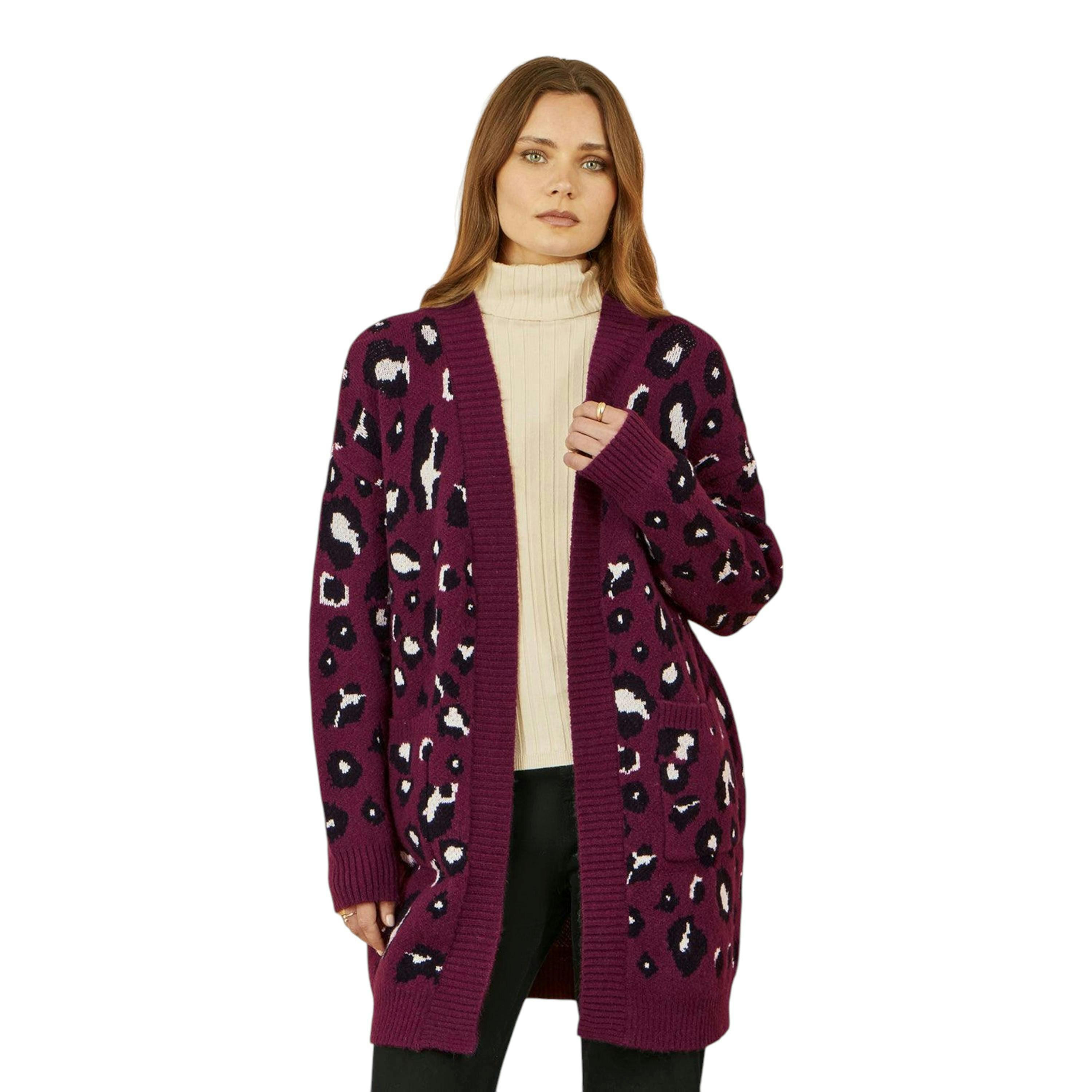 Yumi Burgundy Animal Intarsia Long Cardigan , view 1 of 2