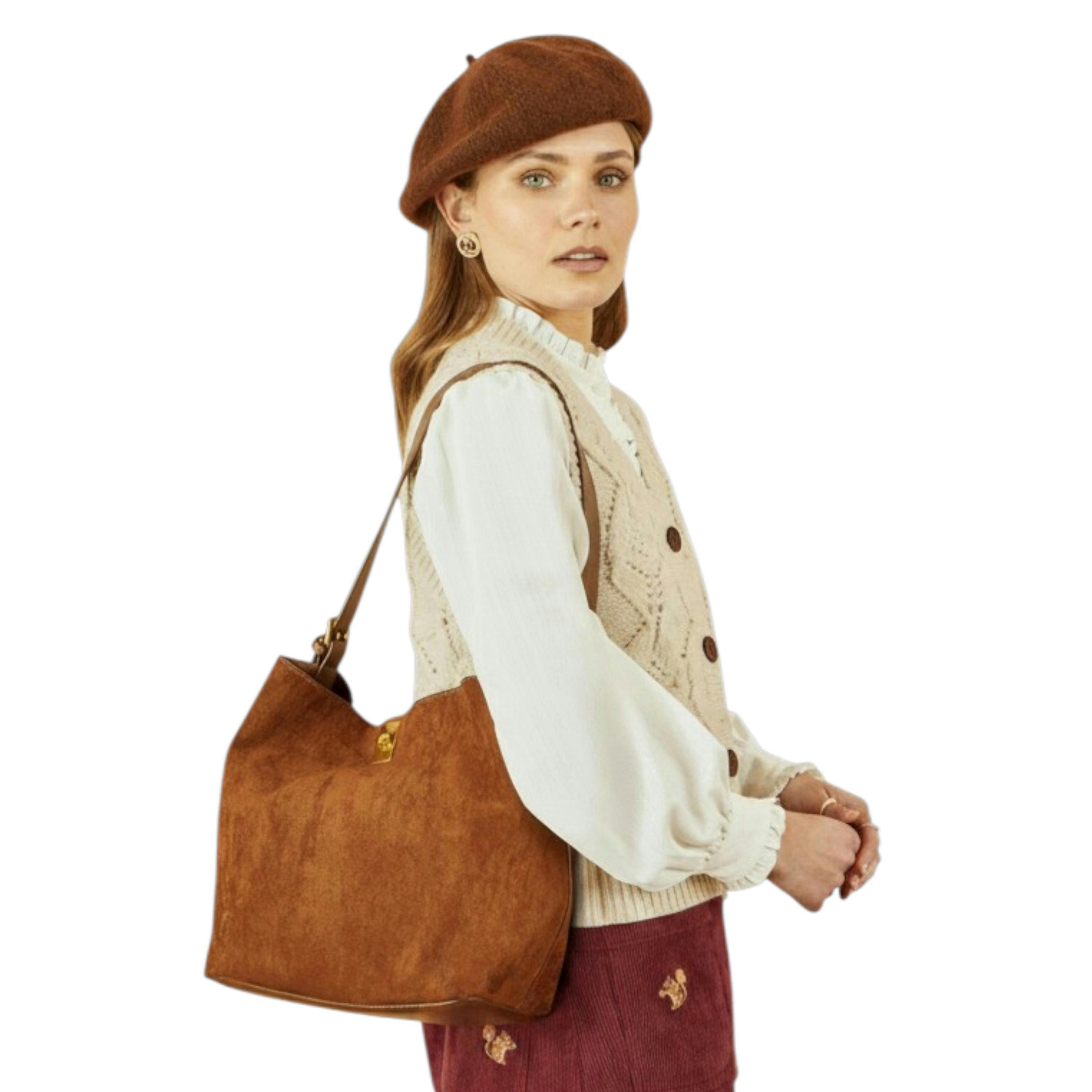 Yumi Tan Faux Suede Bag With Inside Pouch , view 1 of 1