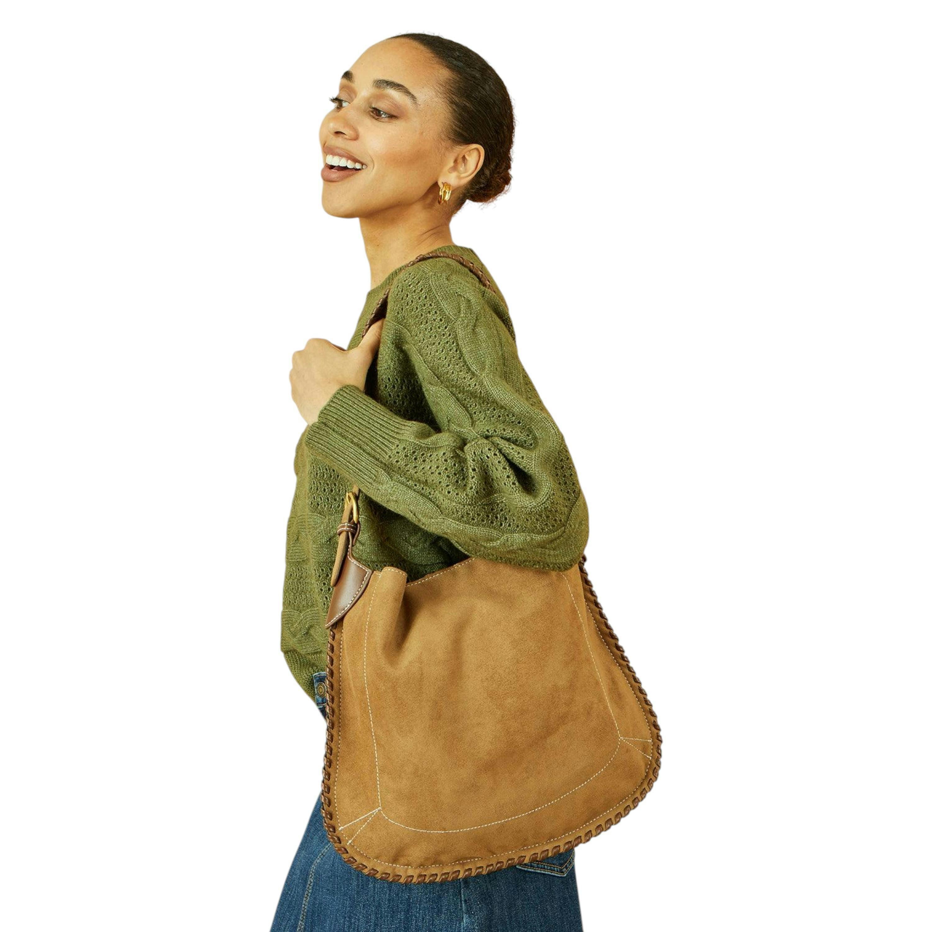 Yumi Tan Faux Suede Stitching Detail Bag , view 1 of 1
