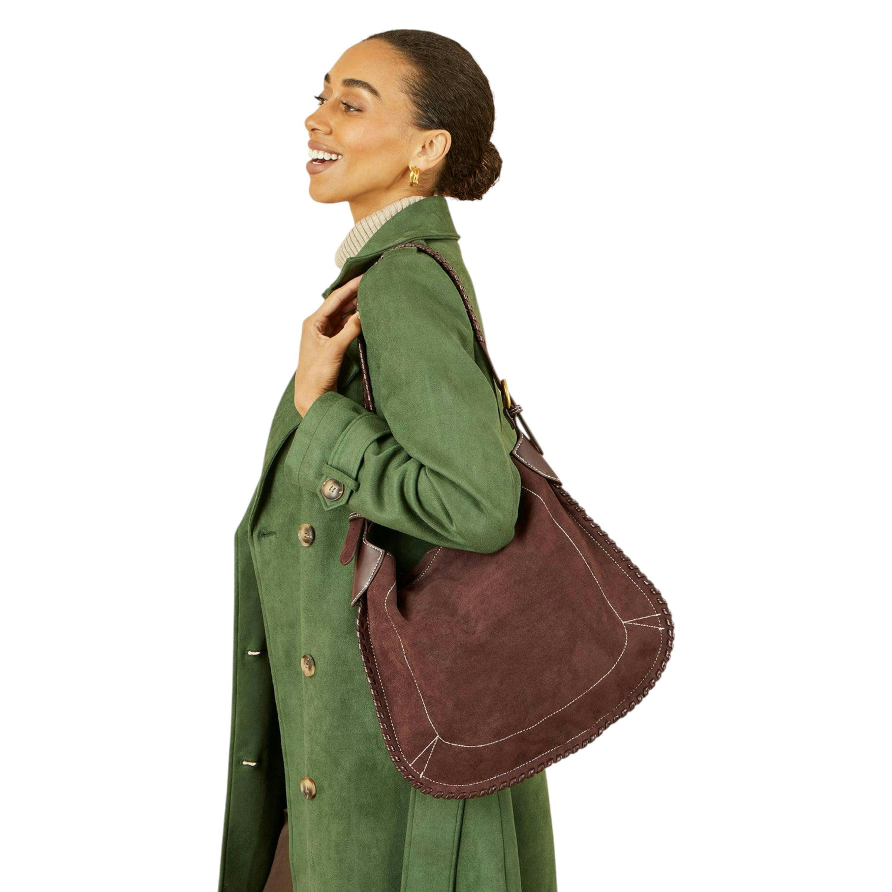 Yumi Brown Faux Suede Stitching Detail Bag , view 1 of 1
