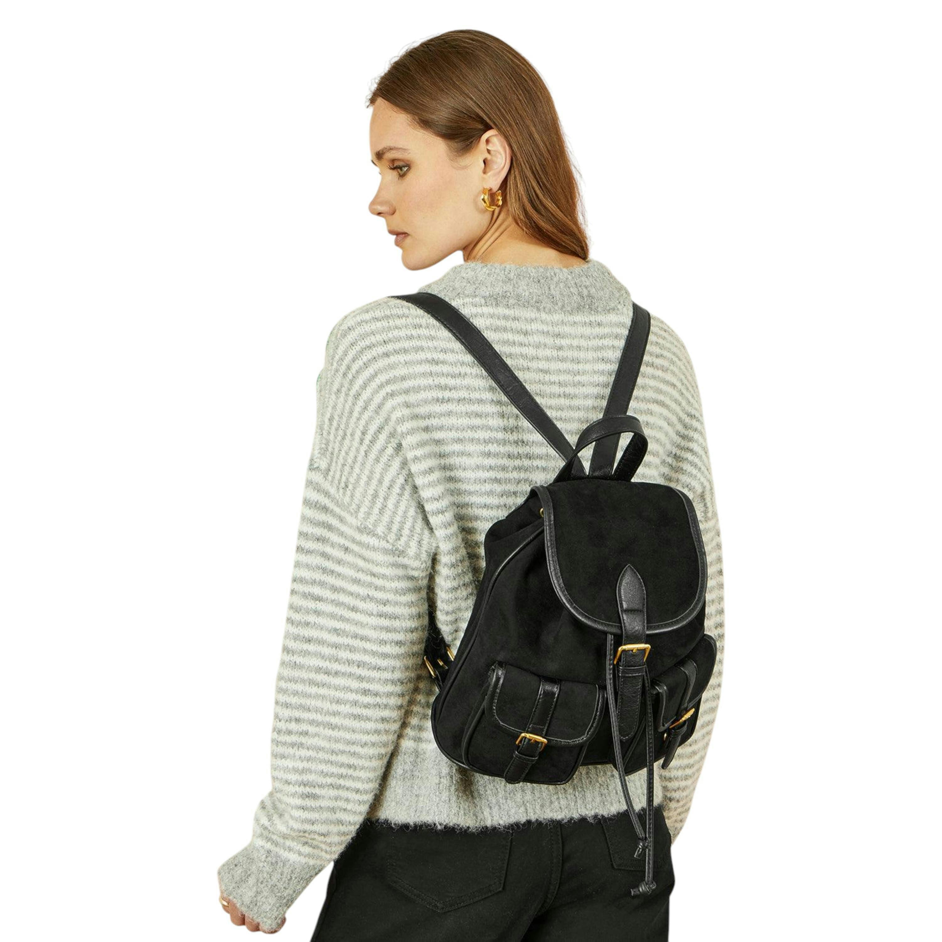 Yumi Black Faux Suede Pocket Rucksack , view 1 of 1