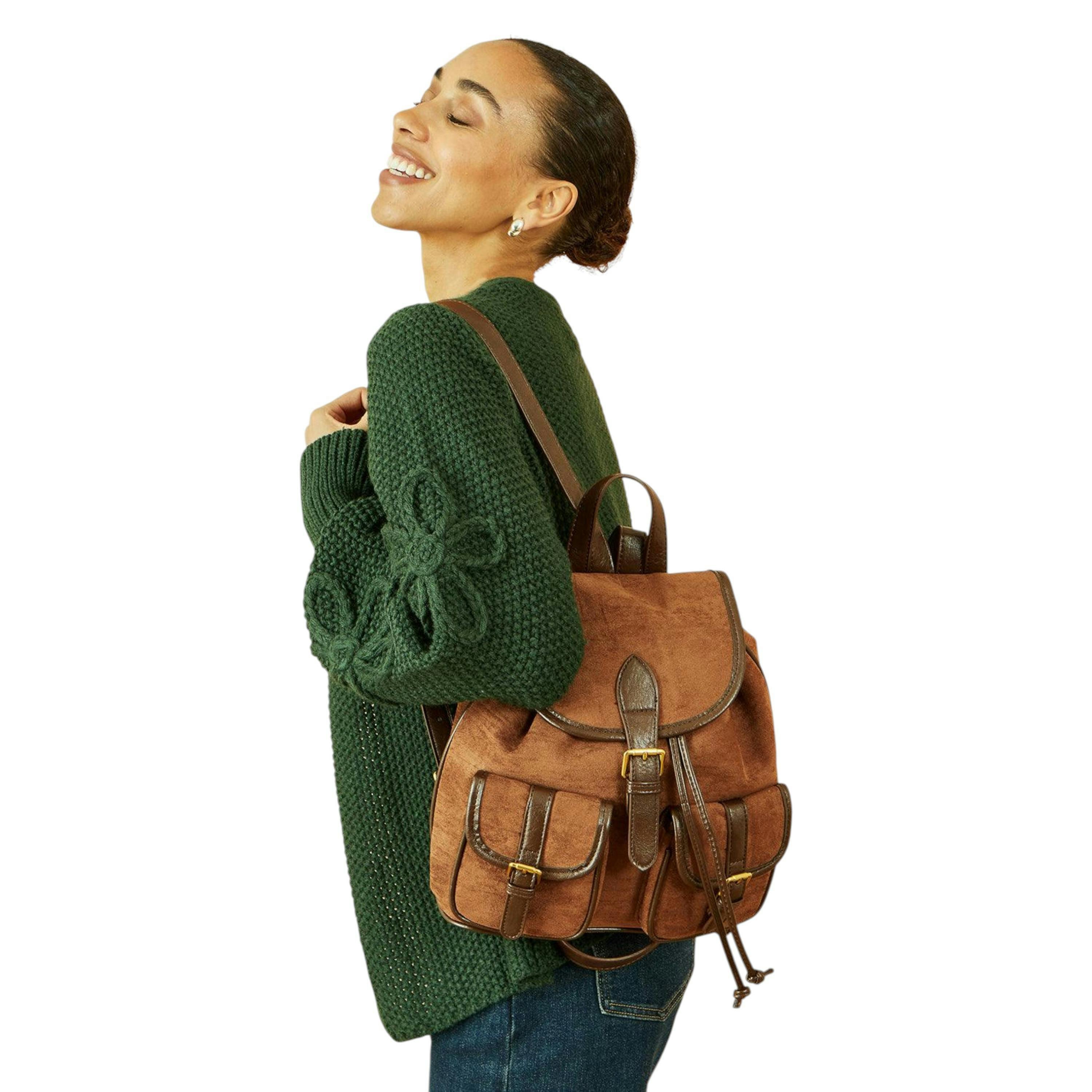 Yumi Tan Faux Suede Pocket Rucksack , view 1 of 1