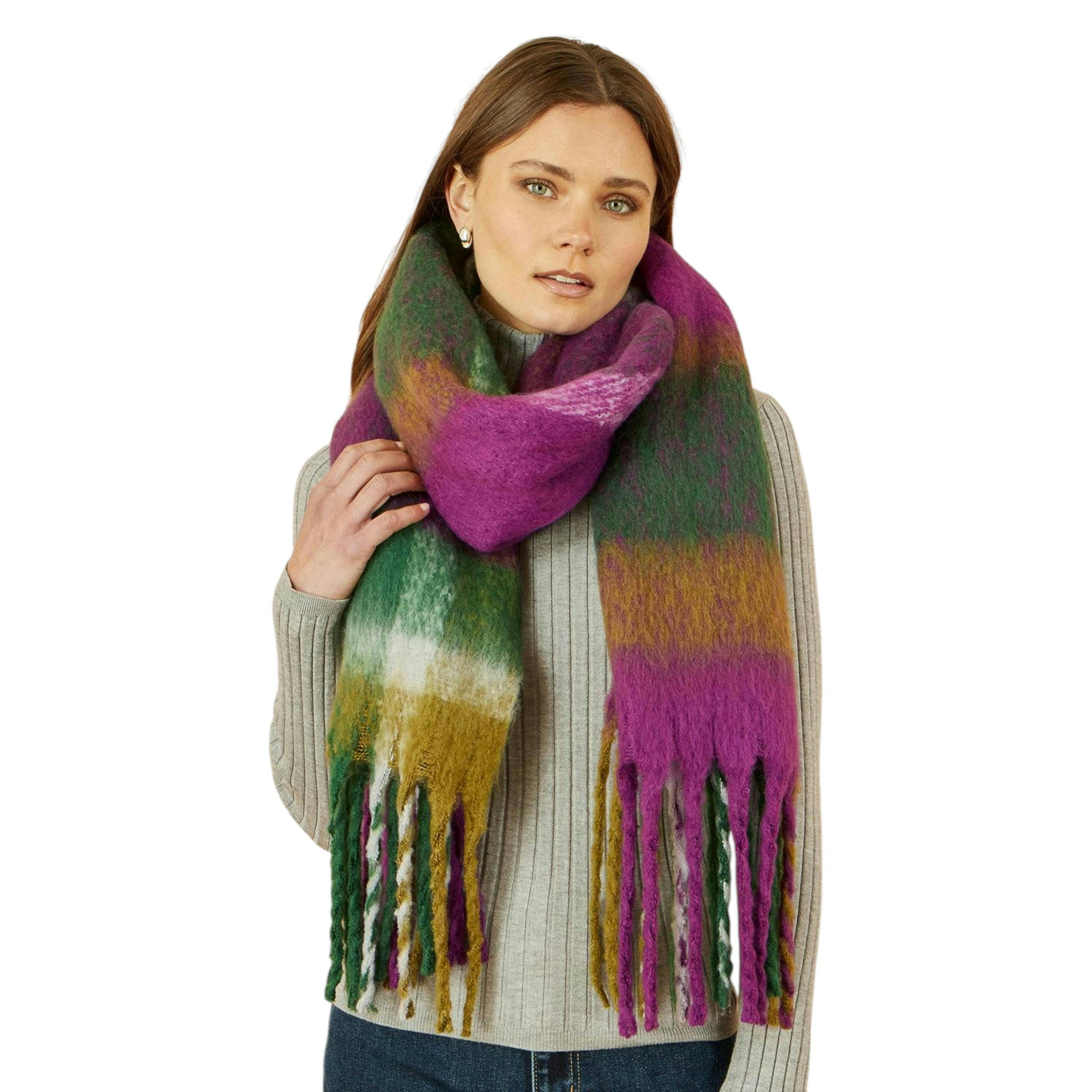 Yumi Green And Purple Check Soft Scarf , view 1 of 1