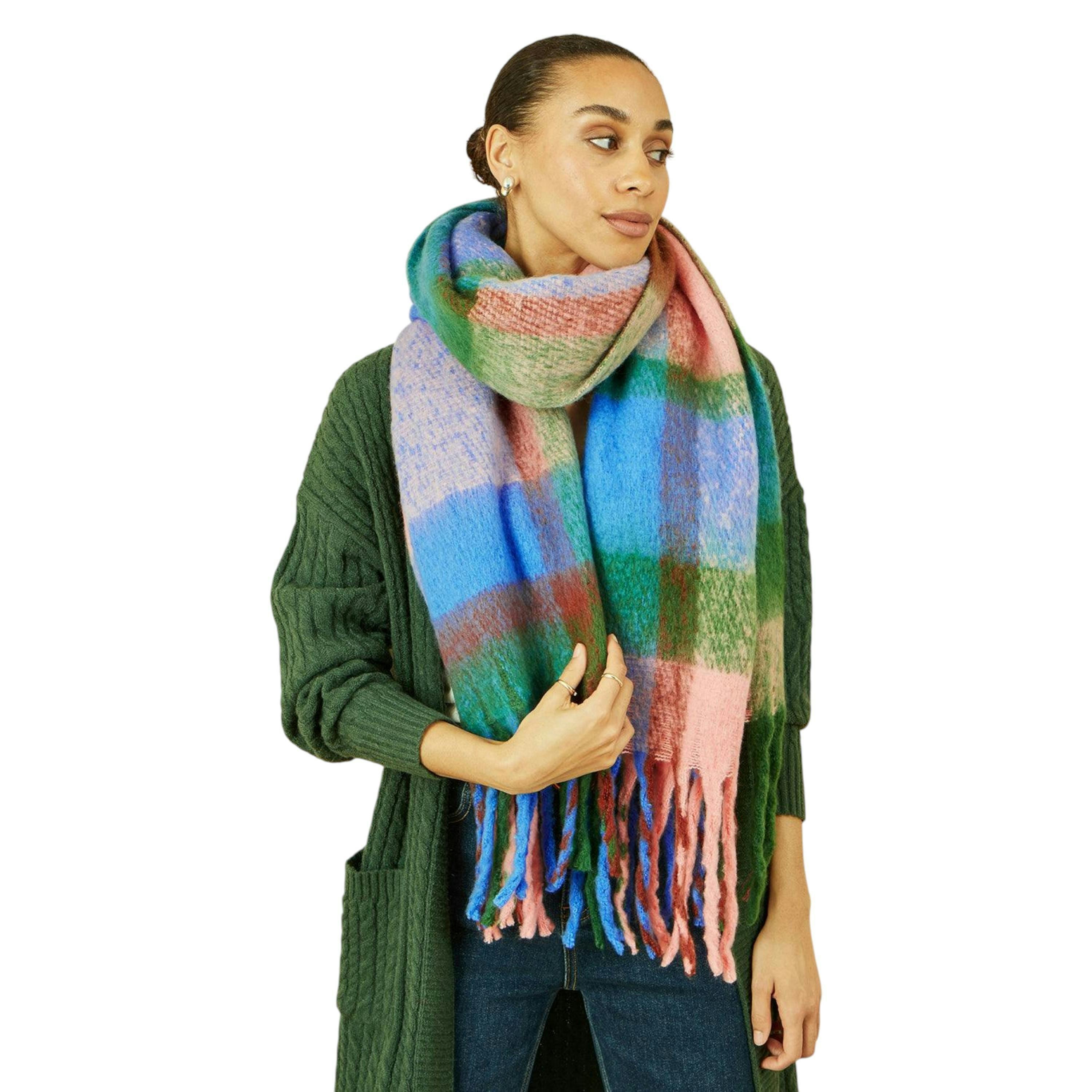 Yumi Blue And Pink Check Soft Scarf , view 1 of 1