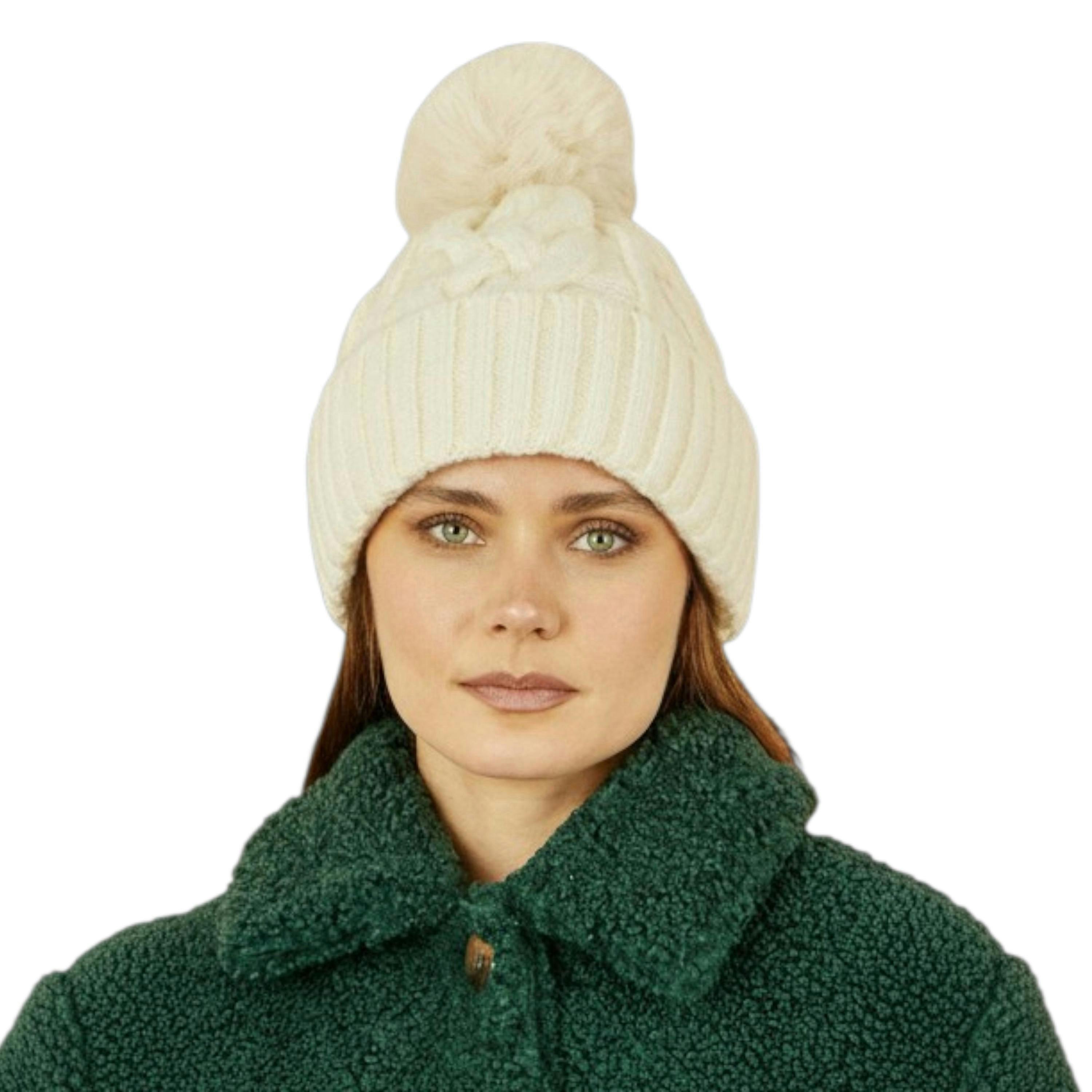 Yumi White Cable Knit Bobble Hat , view 1 of 1