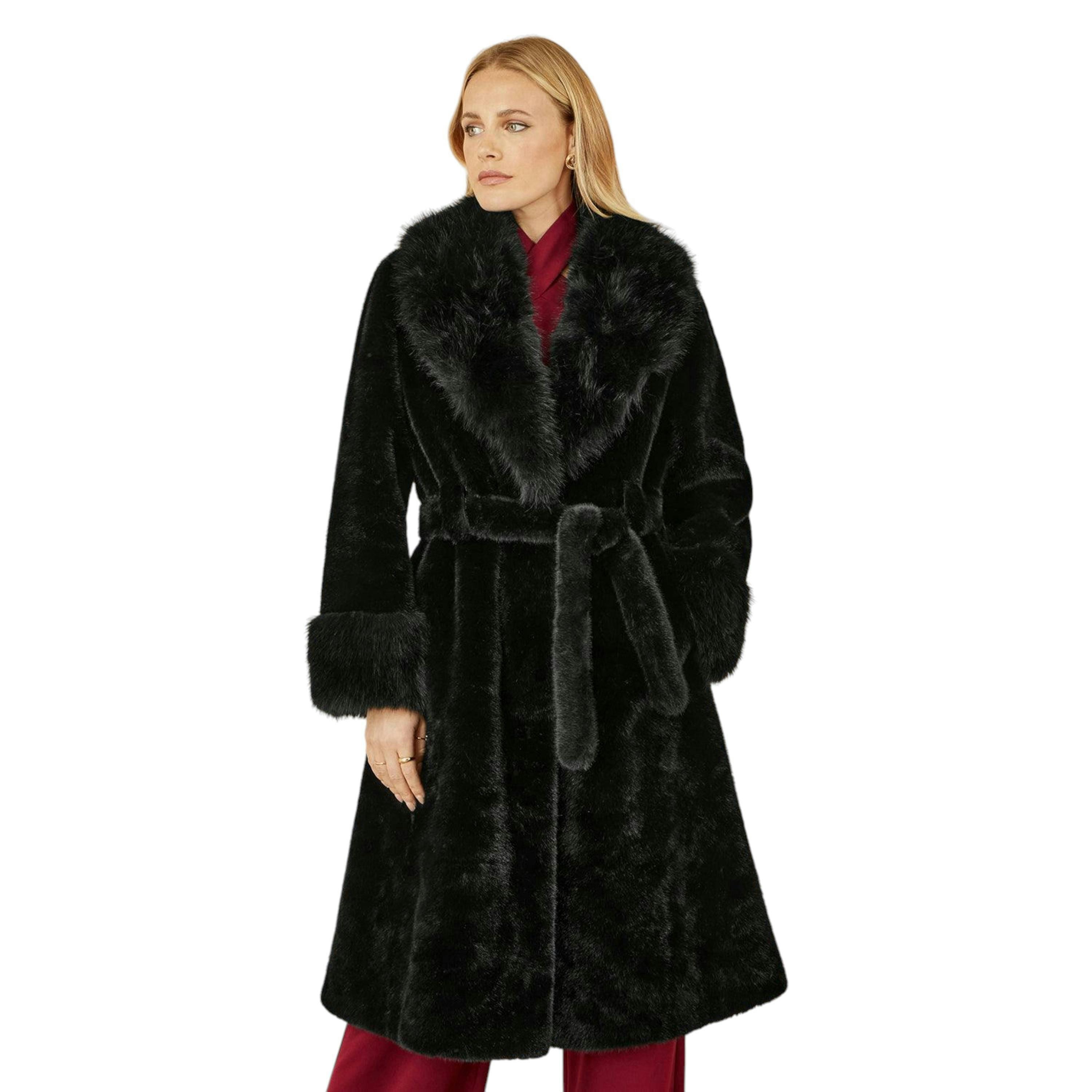 Yumi Black Wrap Faux Fur Coat With Oversize Collar , view 1 of 5