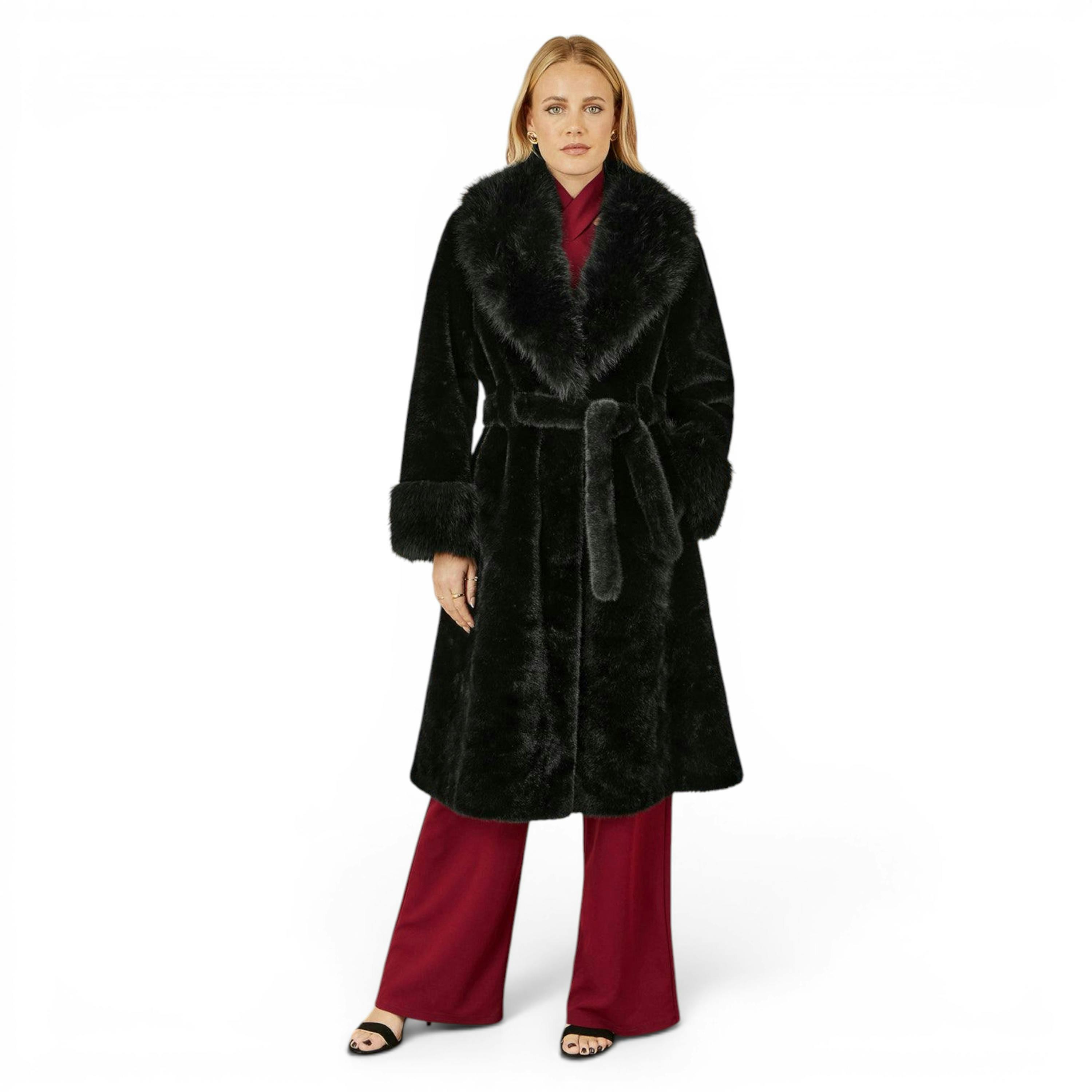 Yumi Black Wrap Faux Fur Coat With Oversize Collar , view 2 of 5