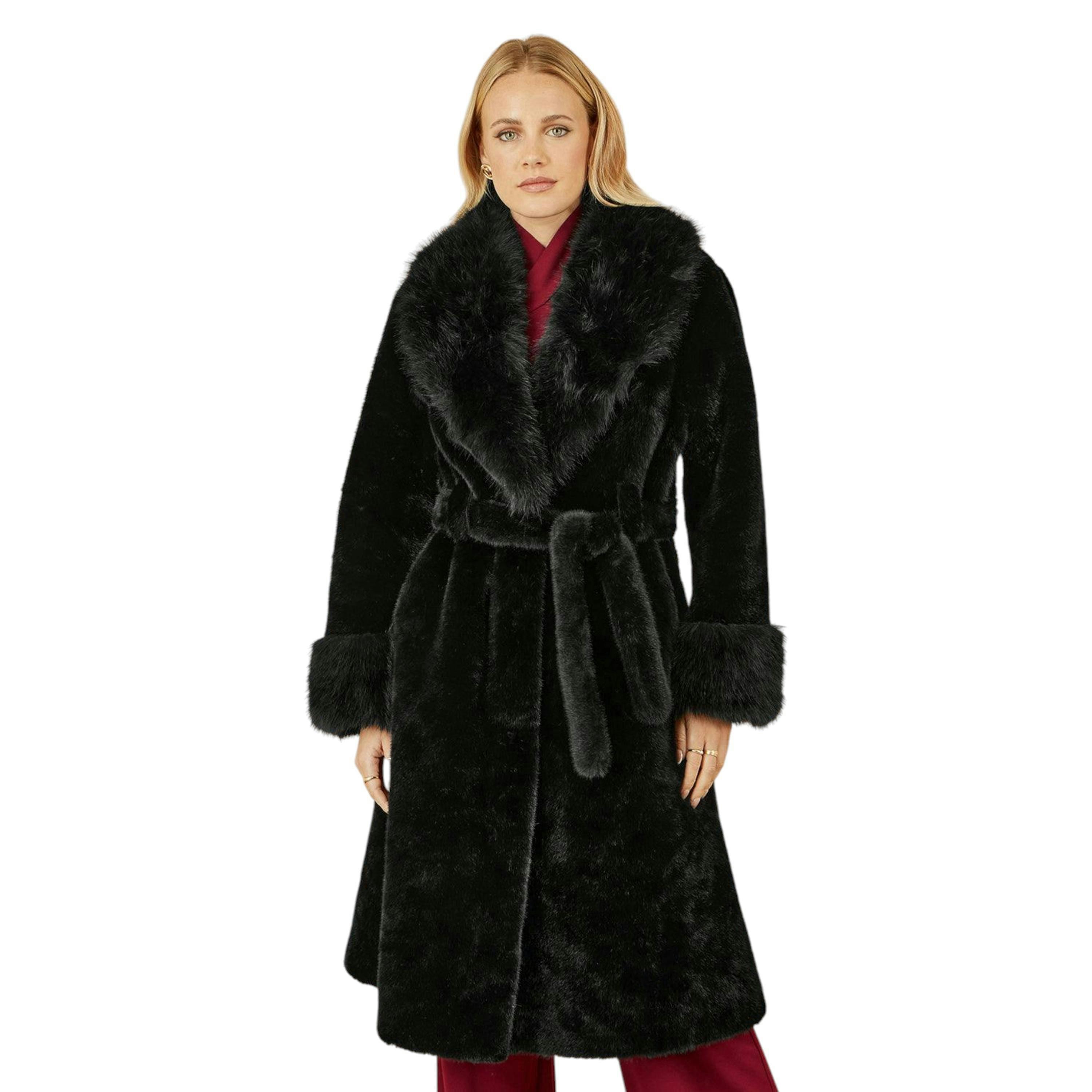 Yumi Black Wrap Faux Fur Coat With Oversize Collar , view 3 of 5