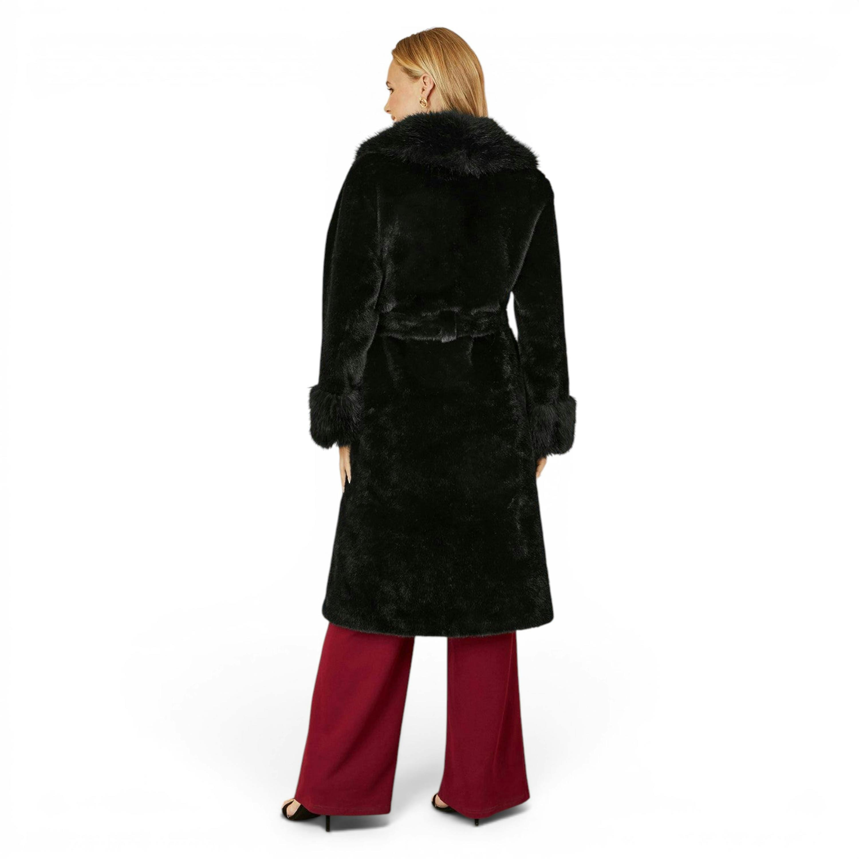 Yumi Black Wrap Faux Fur Coat With Oversize Collar , view 4 of 5