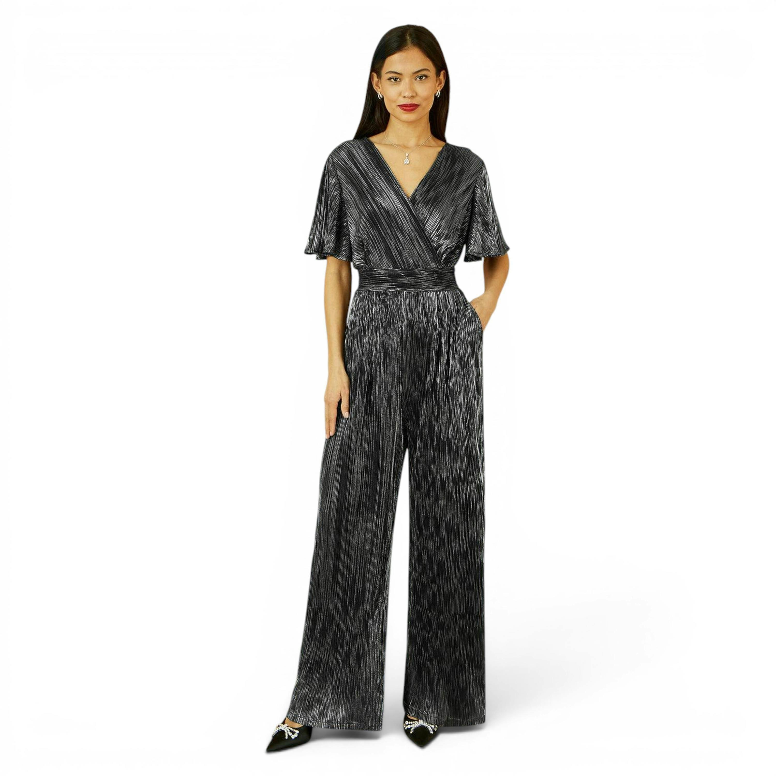 Yumi Black Metallic Pleated Jumpsuit With V Neck , view 1 of 5