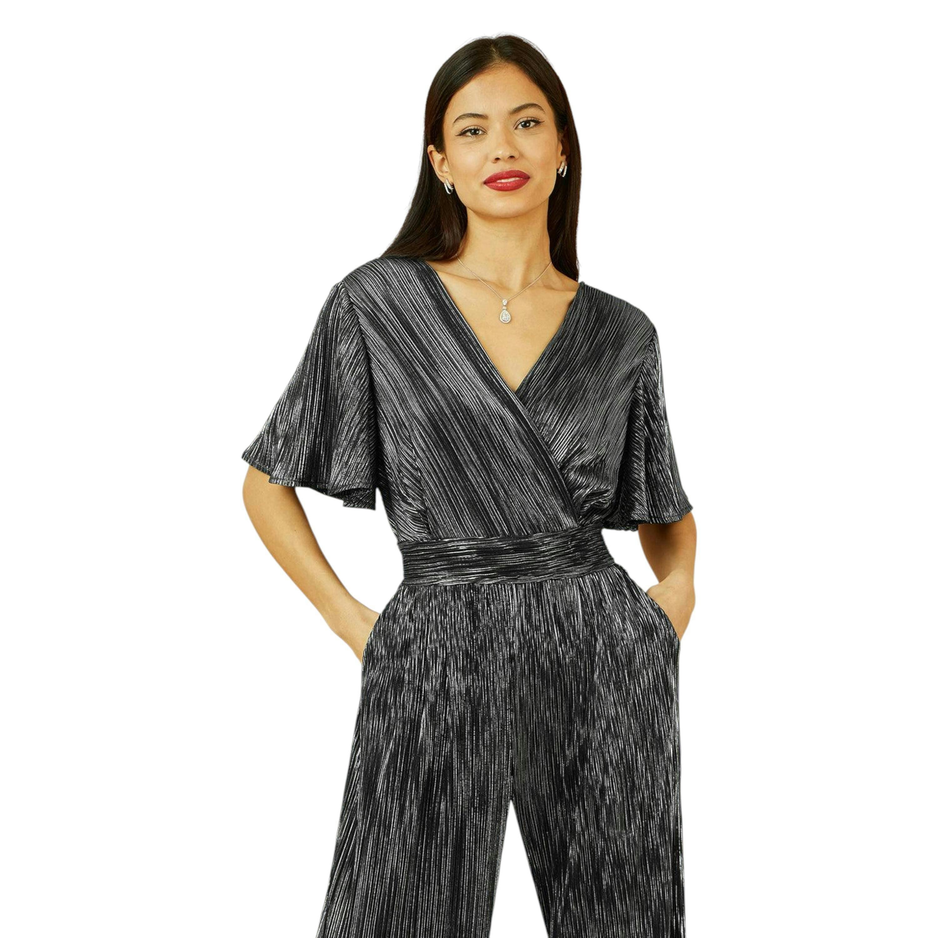 Yumi Black Metallic Pleated Jumpsuit With V Neck , view 2 of 5