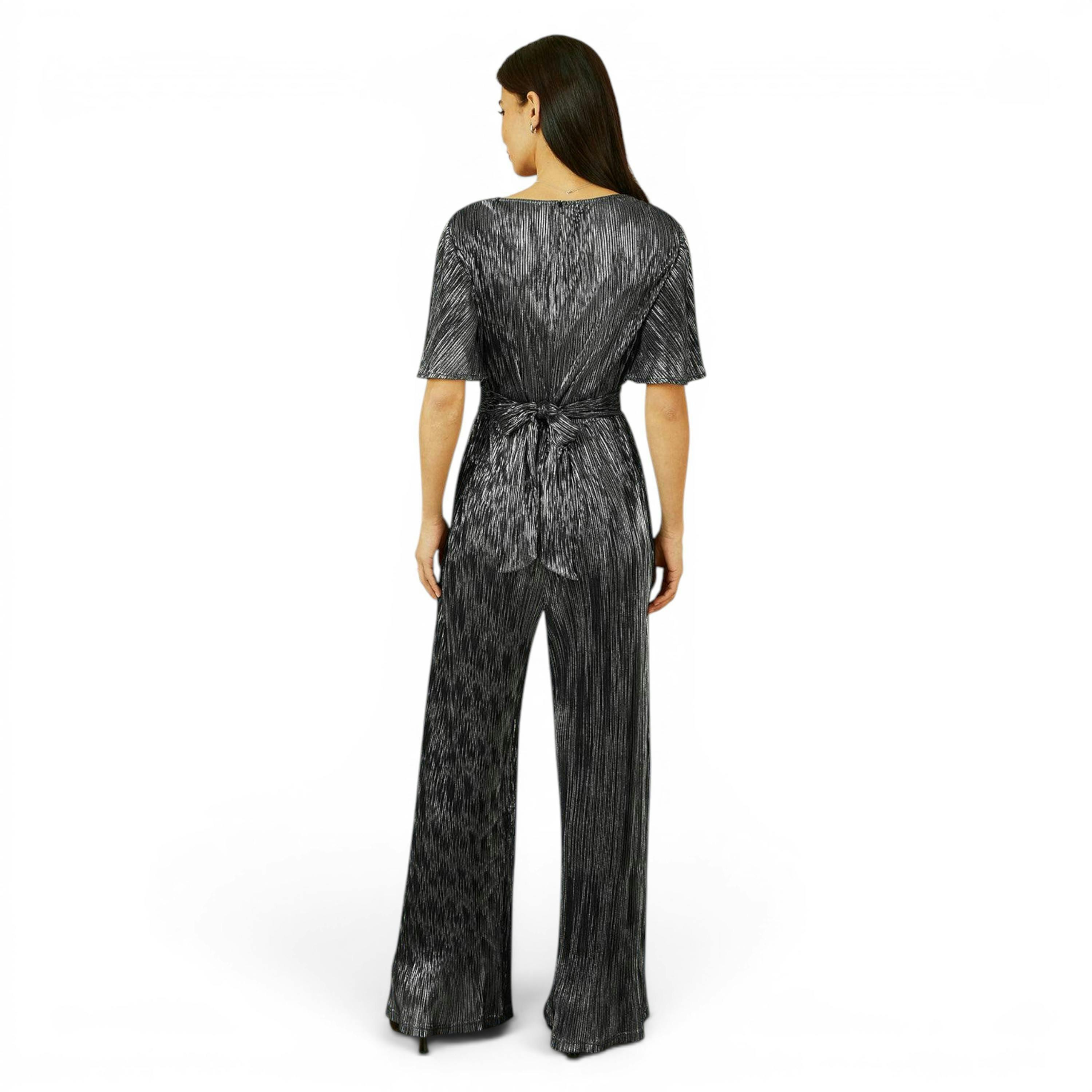 Yumi Black Metallic Pleated Jumpsuit With V Neck , view 3 of 5
