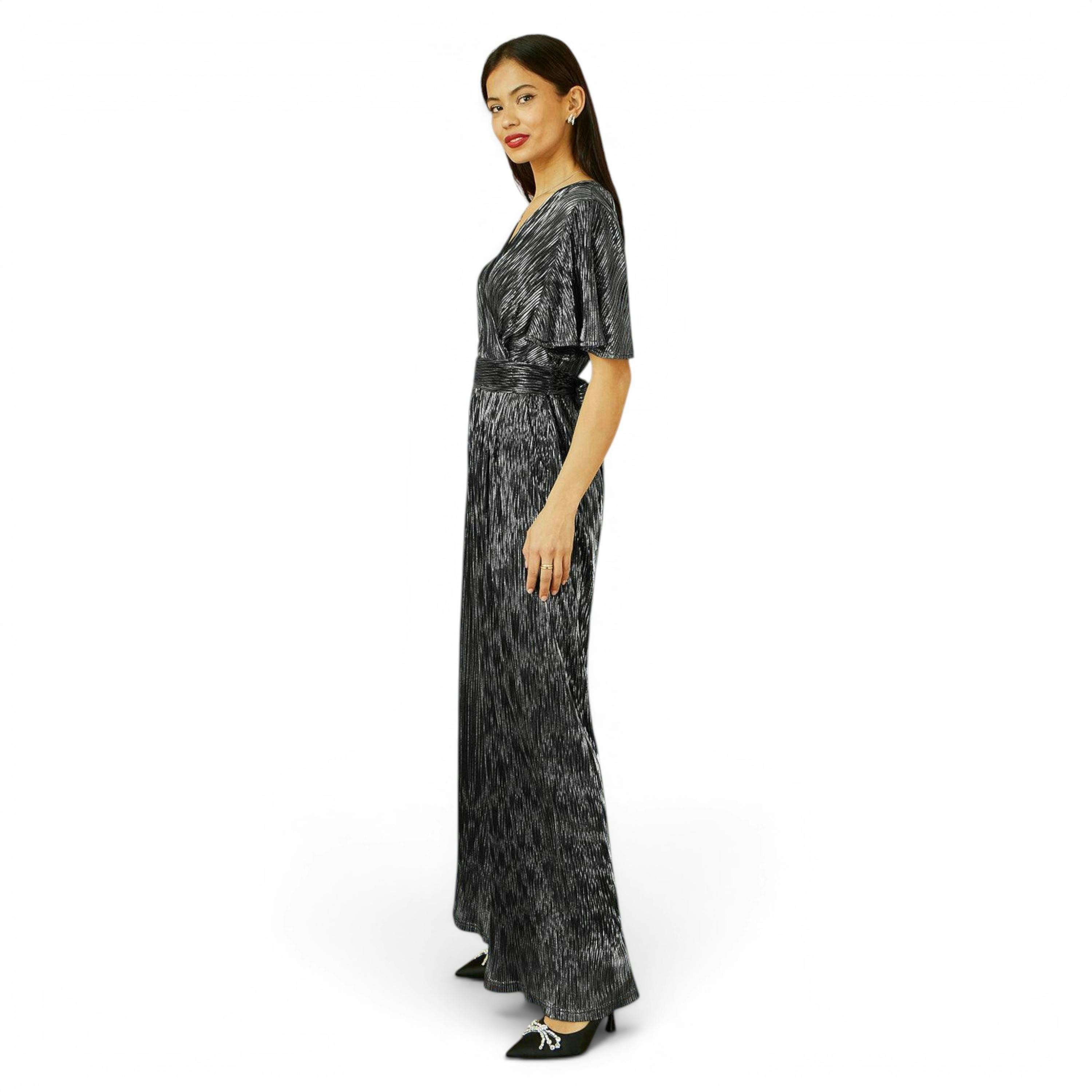 Yumi Black Metallic Pleated Jumpsuit With V Neck , view 4 of 5